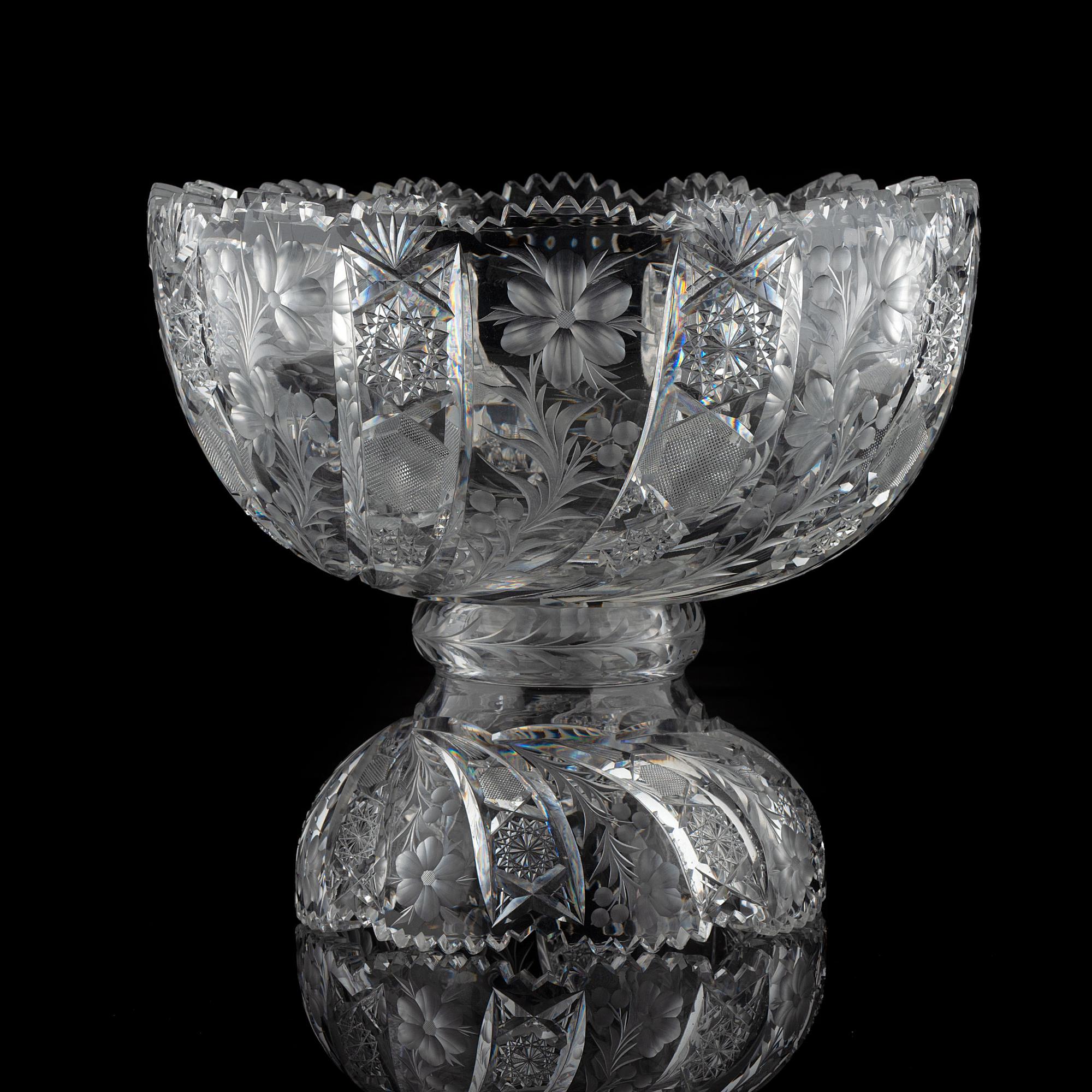A Tuthill Intaglio-Cut Glass Punch Bowl with Eight Cups