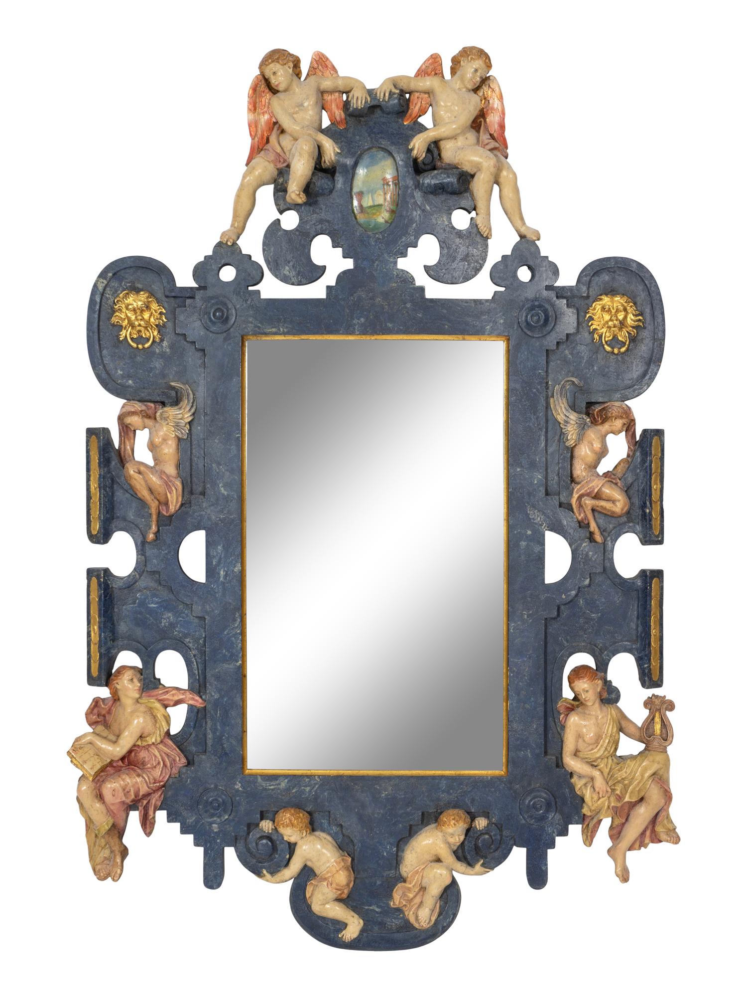 A Large Italian Baroque Style Polychrome Decorated Cartouche Form Mirror