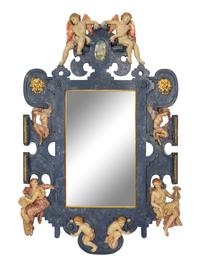A Large Italian Baroque Style Polychrome Decorated Cartouche Form Mirror