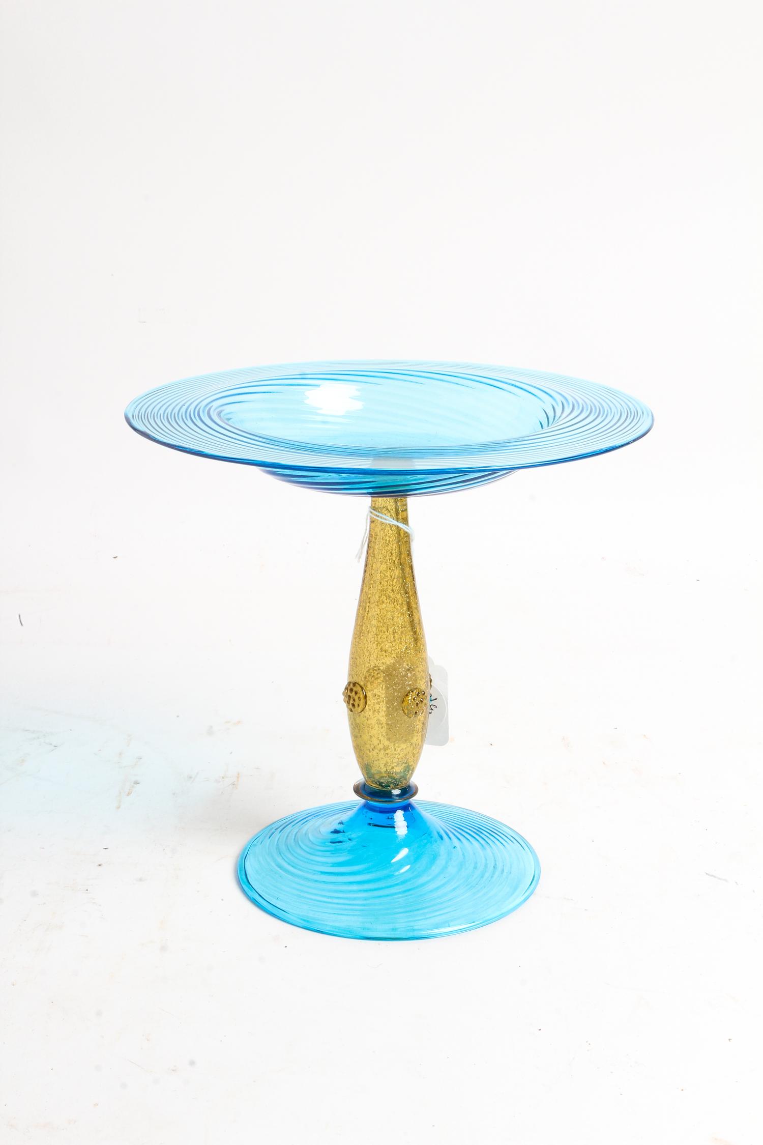 Steuben, 20TH CENTURY, a celeste blue glass compote, form no. 6043, with mica flecked amber stem and applied prunts to stem