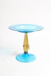 Steuben, 20TH CENTURY, a celeste blue glass compote, form no. 6043, with mica flecked amber stem and applied prunts to stem