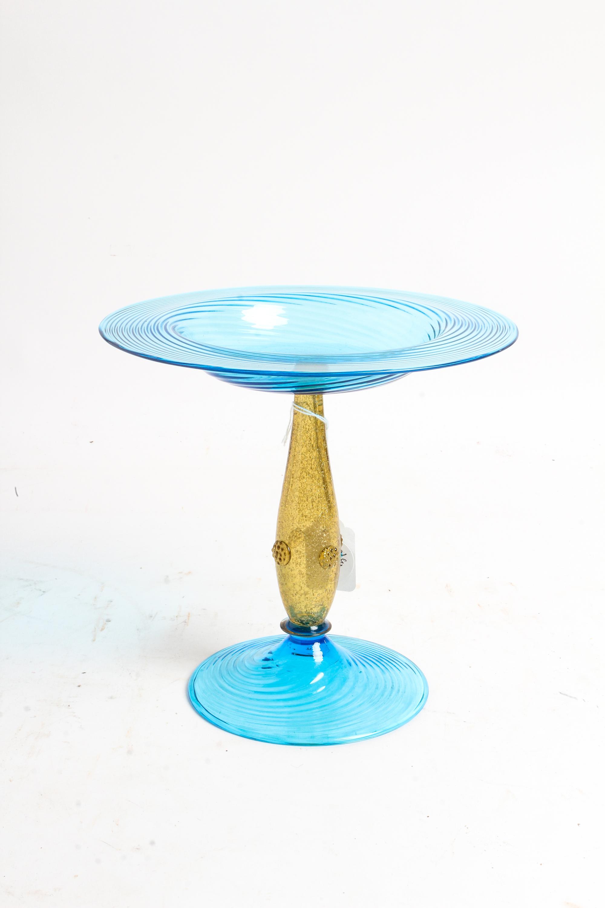 Steuben, 20TH CENTURY, a celeste blue glass compote, form no. 6043, with mica flecked amber stem and applied prunts to stem