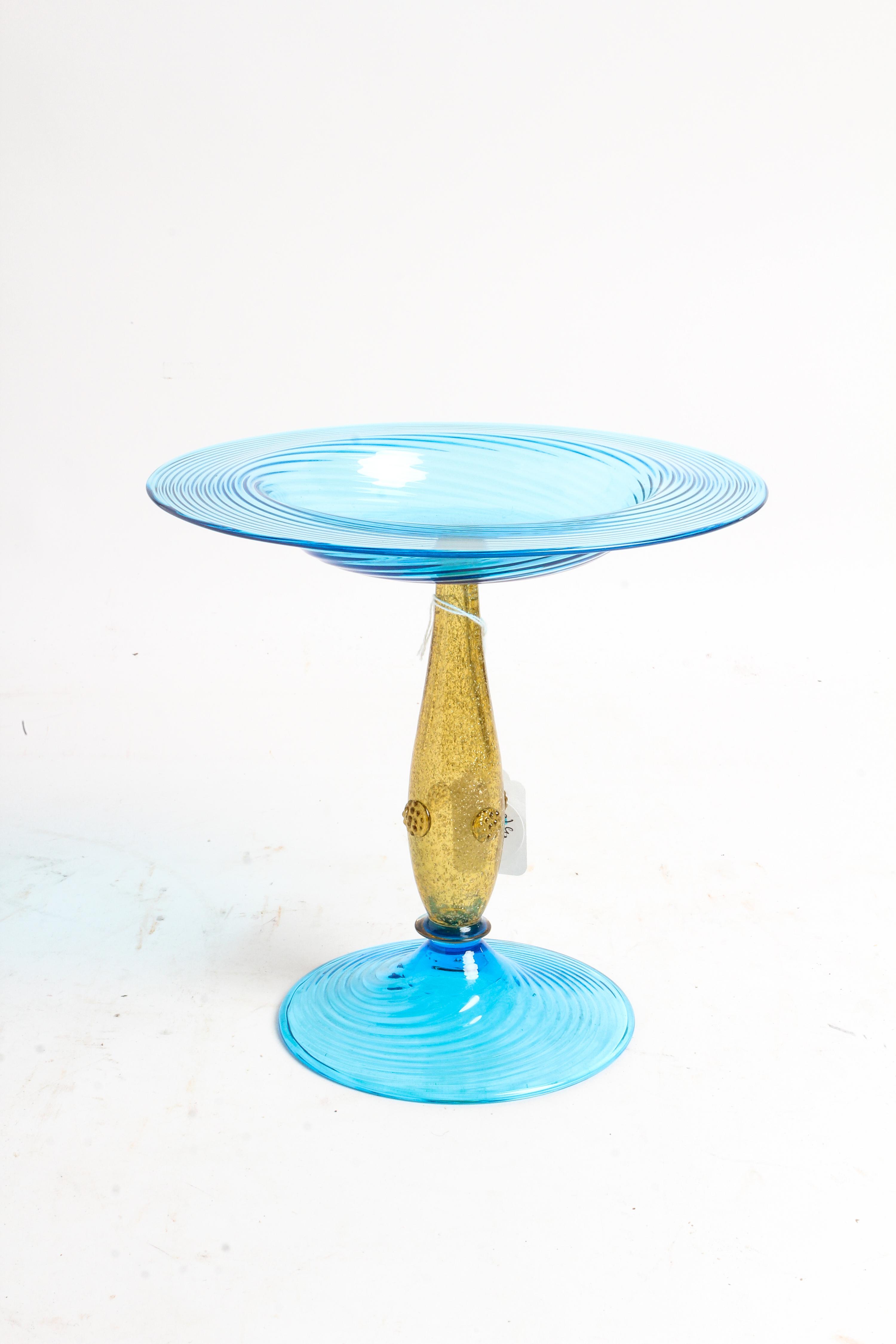 Steuben, 20TH CENTURY, a celeste blue glass compote, form no. 6043, with mica flecked amber stem and applied prunts to stem