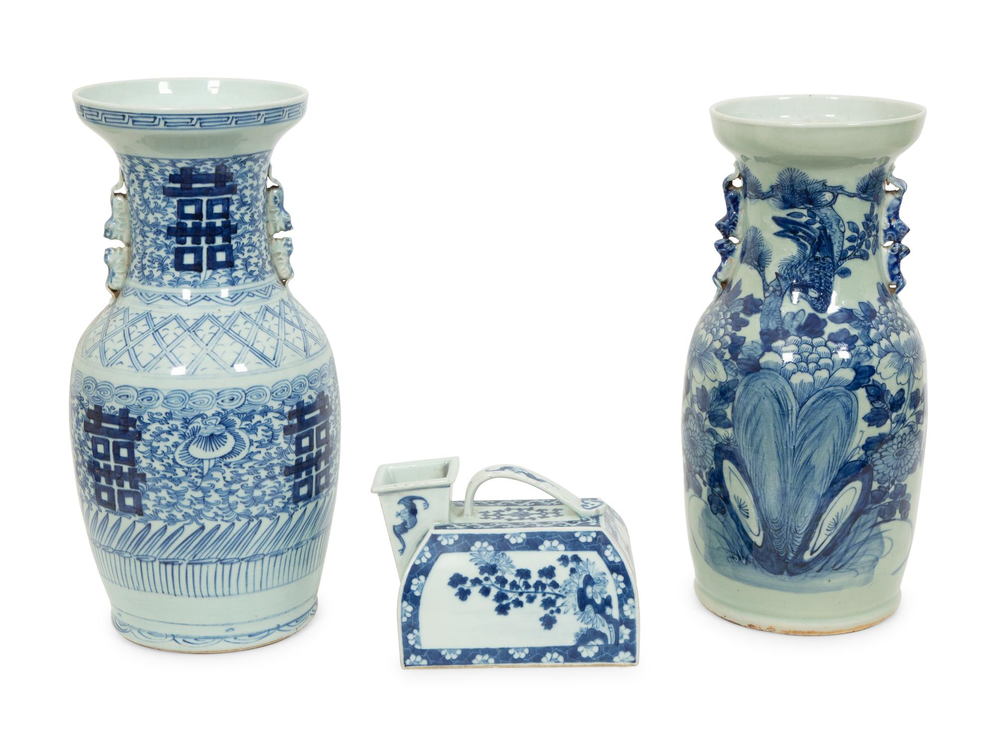 Three Chinese Blue and Celadon Porcelain Articles