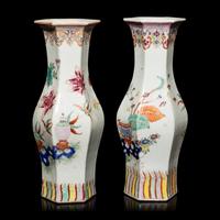 A Pair of Chinese Famille Rose Porcelain Hexagonal 'Bogu' Vases, 19th Century — 清晚期 粉彩博古圖六方瓶一對