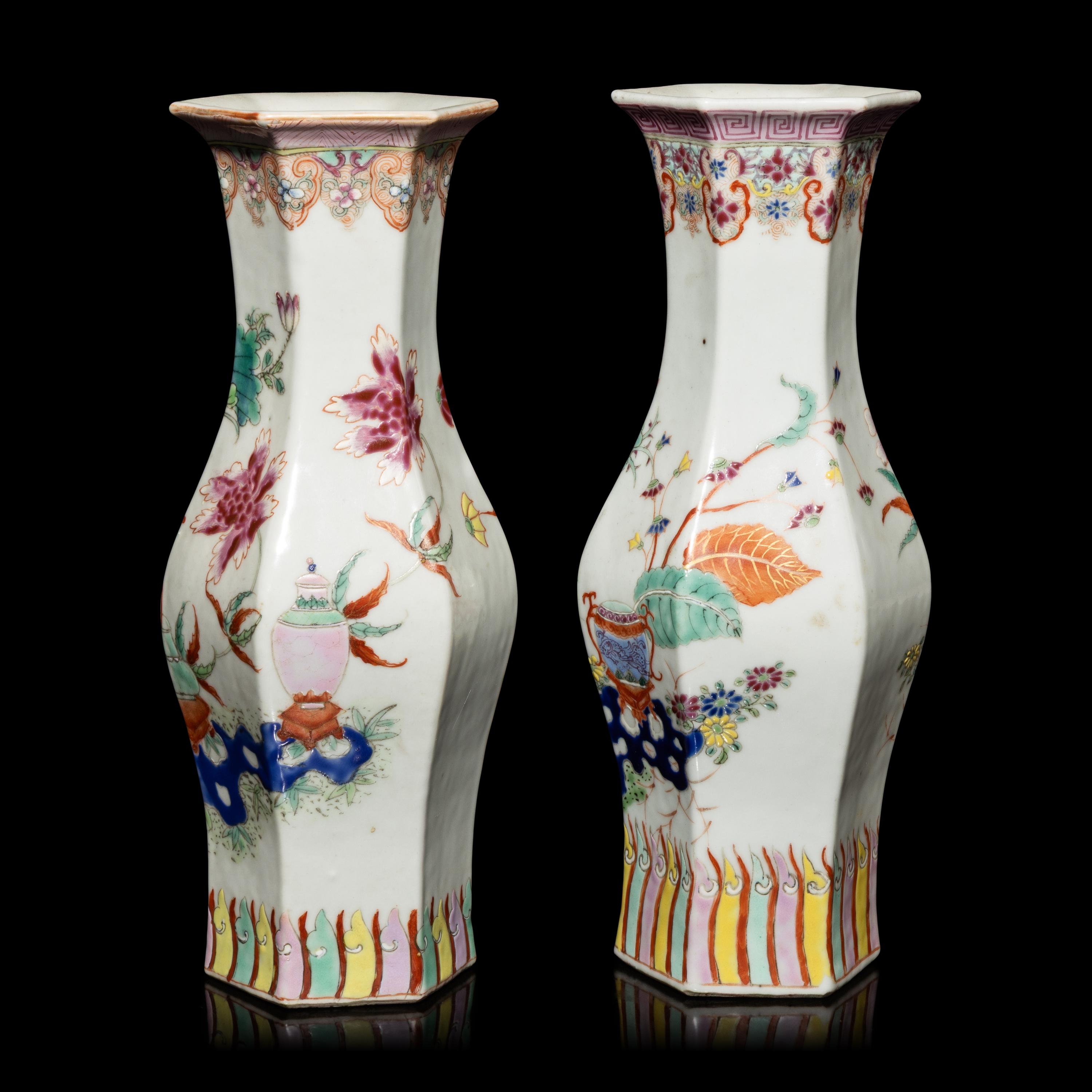 A Pair of Chinese Famille Rose Porcelain Hexagonal 'Bogu' Vases, 19th Century — 清晚期 粉彩博古圖六方瓶一對