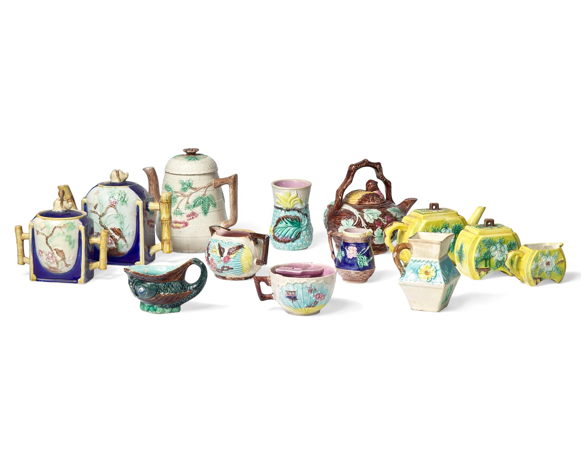 An Assorted Collection of Thirteen Majolica Teawares