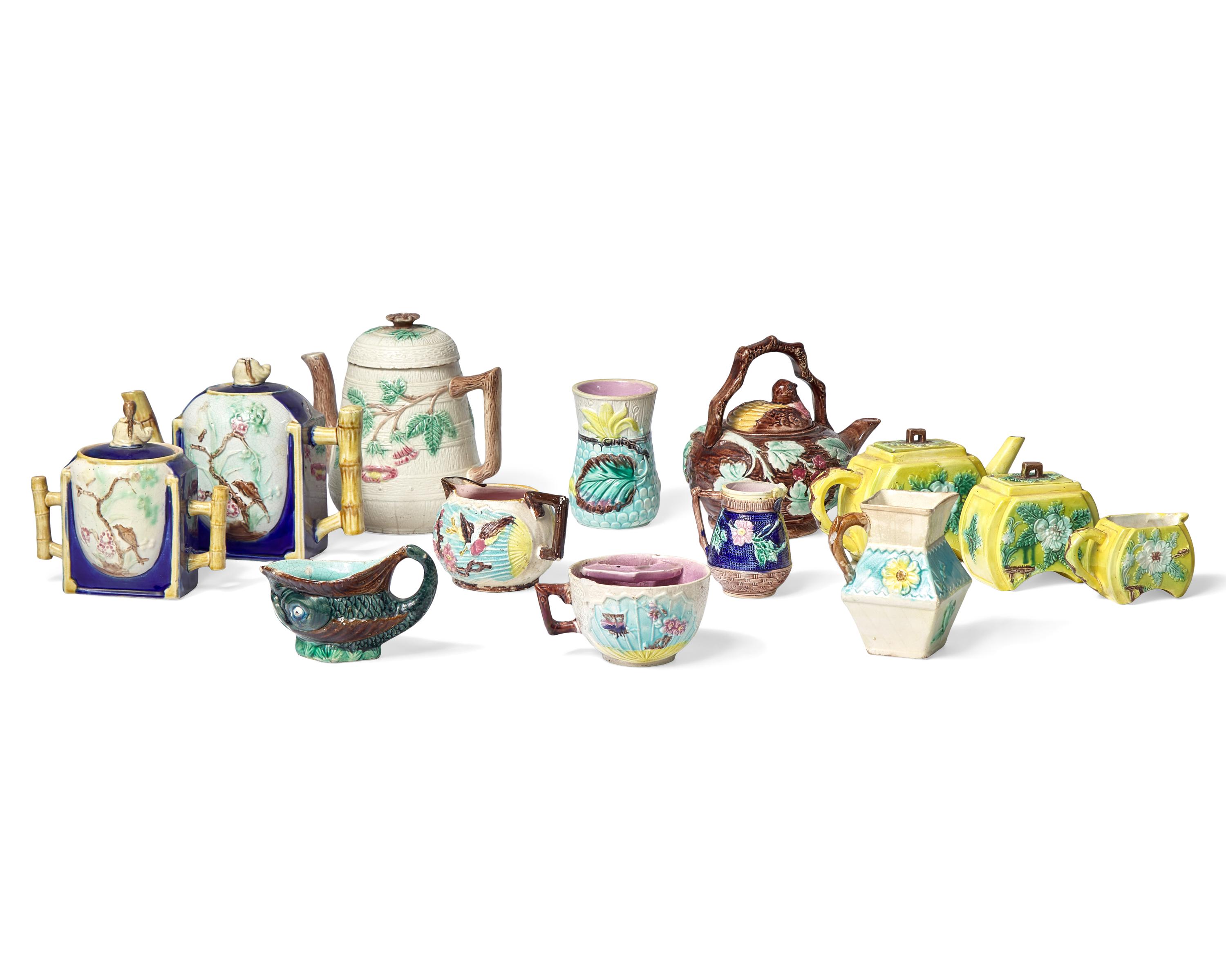 An Assorted Collection of Thirteen Majolica Teawares