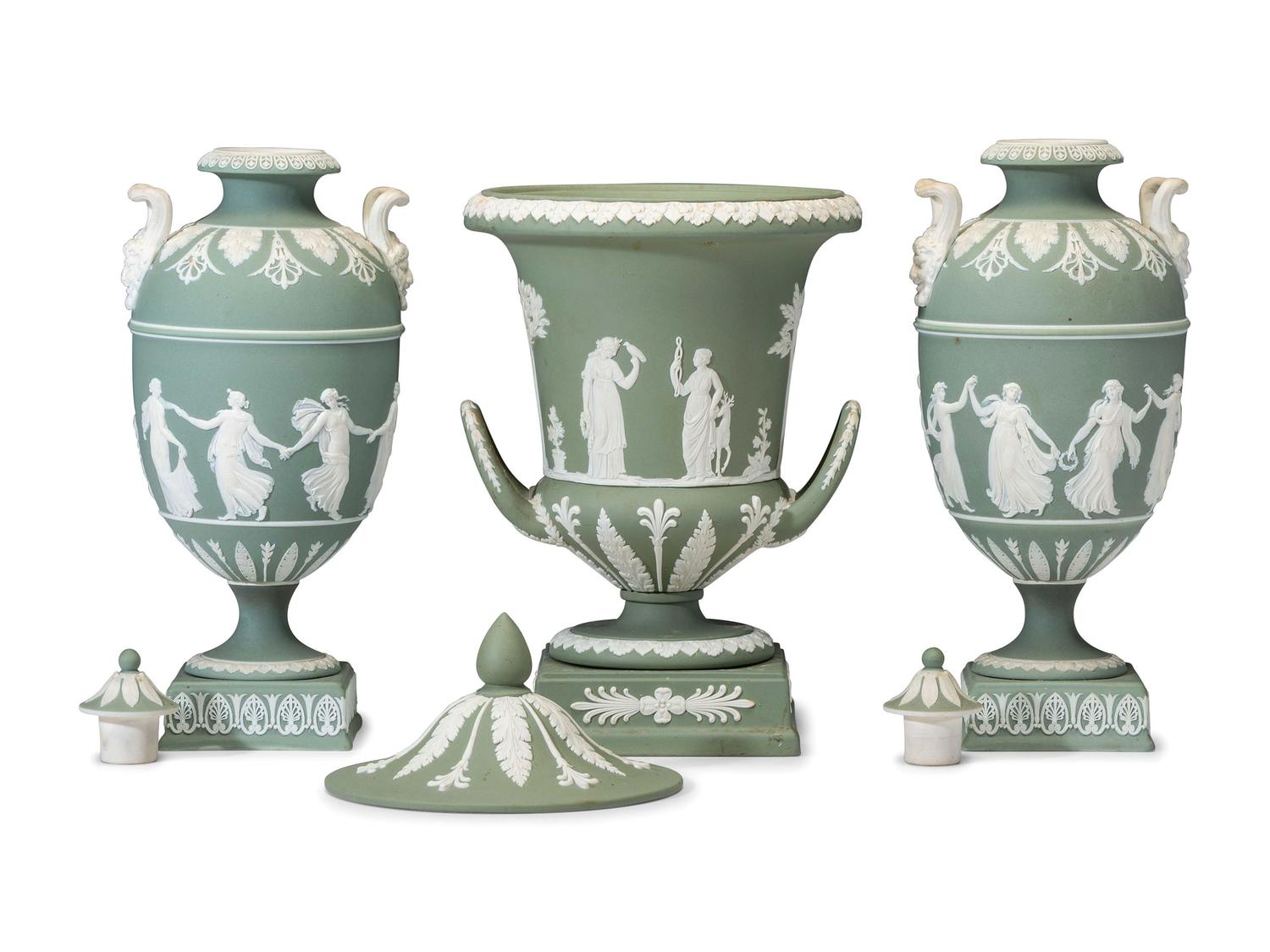 Three Wedgwood Green Jasperware Urns
