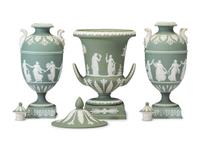 Three Wedgwood Green Jasperware Urns
