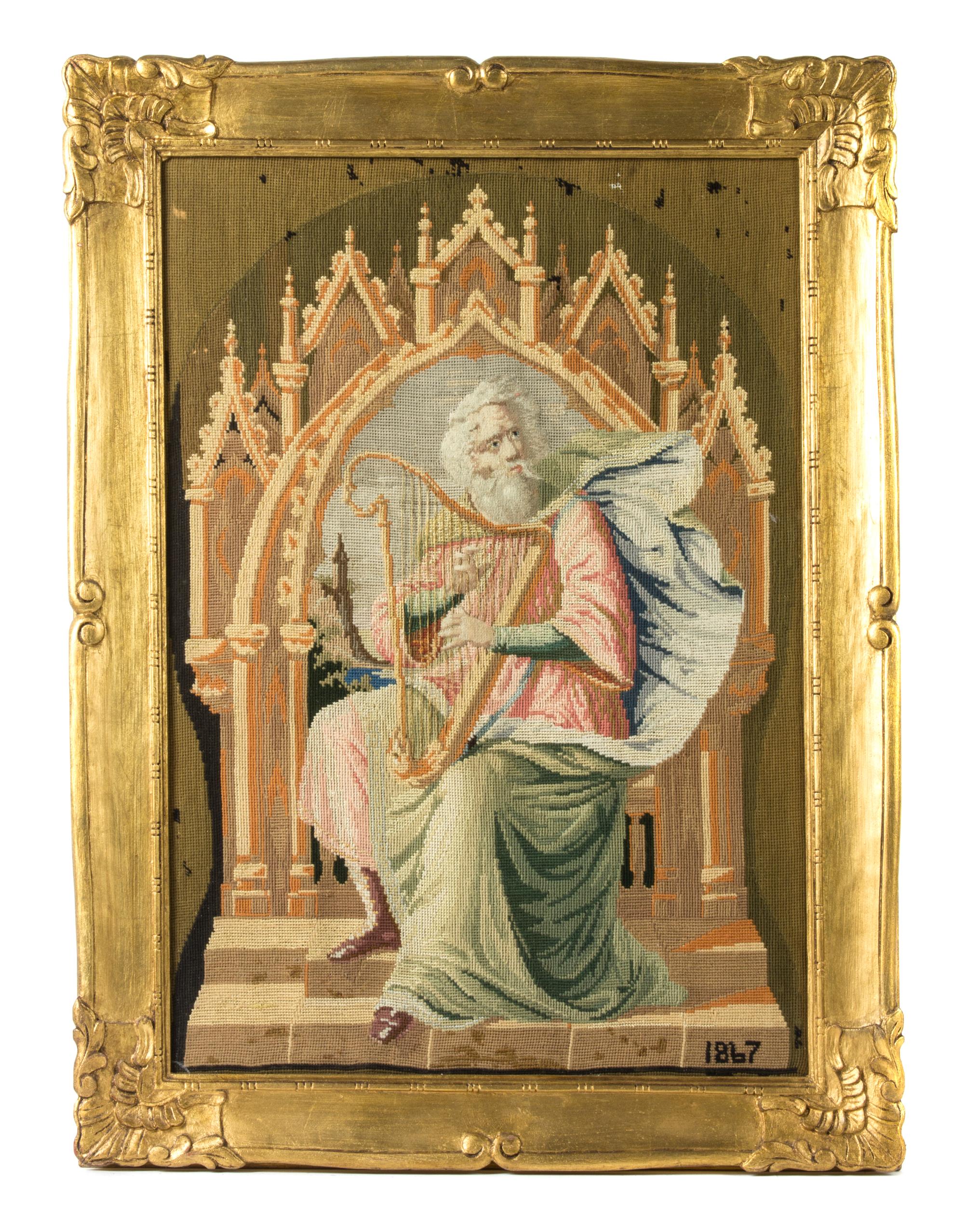 A Gothic Revival Needlepoint, Height 24 1/4 x width 17 inches.