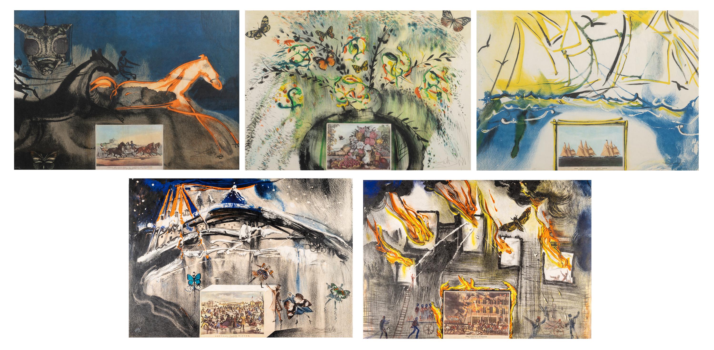 Five Prints from Currier & Ives as Interpreted by Salvador Dali (including New York Central Park Winter; American Trotting Horses No. 2; Les Fleurs et Fruits; American Yachting Scene; Fire! Fire! Fire!)