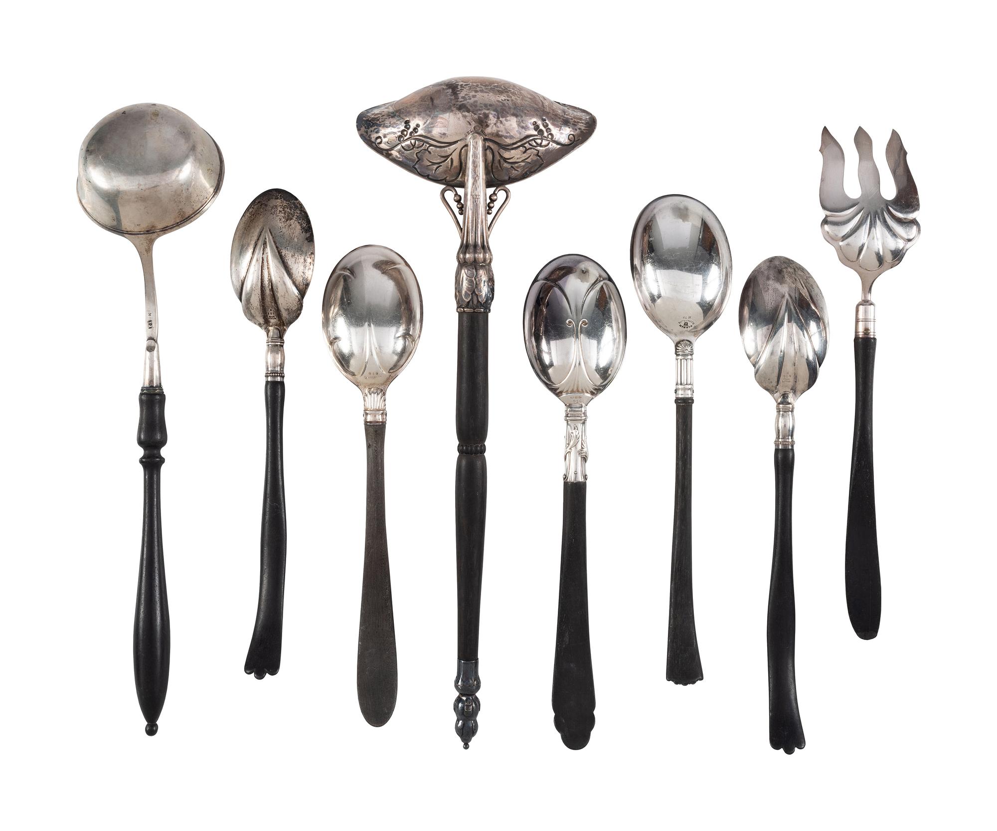 Eight American and Continental Silver and Silverplate Wood-Handled Serving Utensils