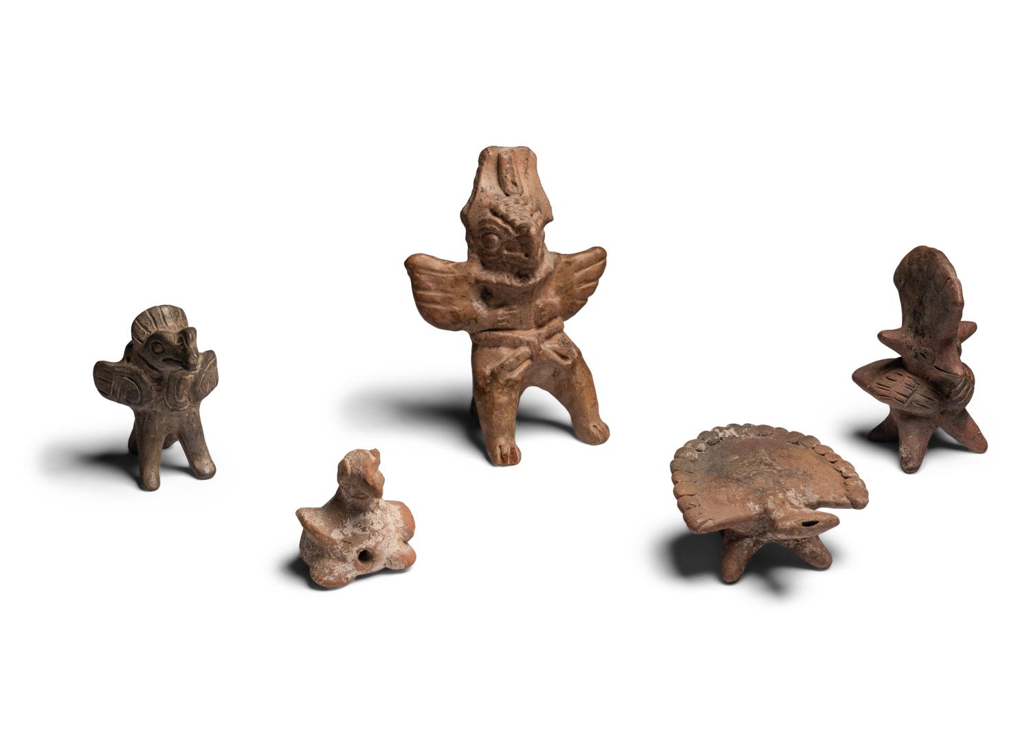 Four Colima Bird Figures and One Veracruz Anthropomorphic Whistle