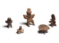 Four Colima Bird Figures and One Veracruz Anthropomorphic Whistle