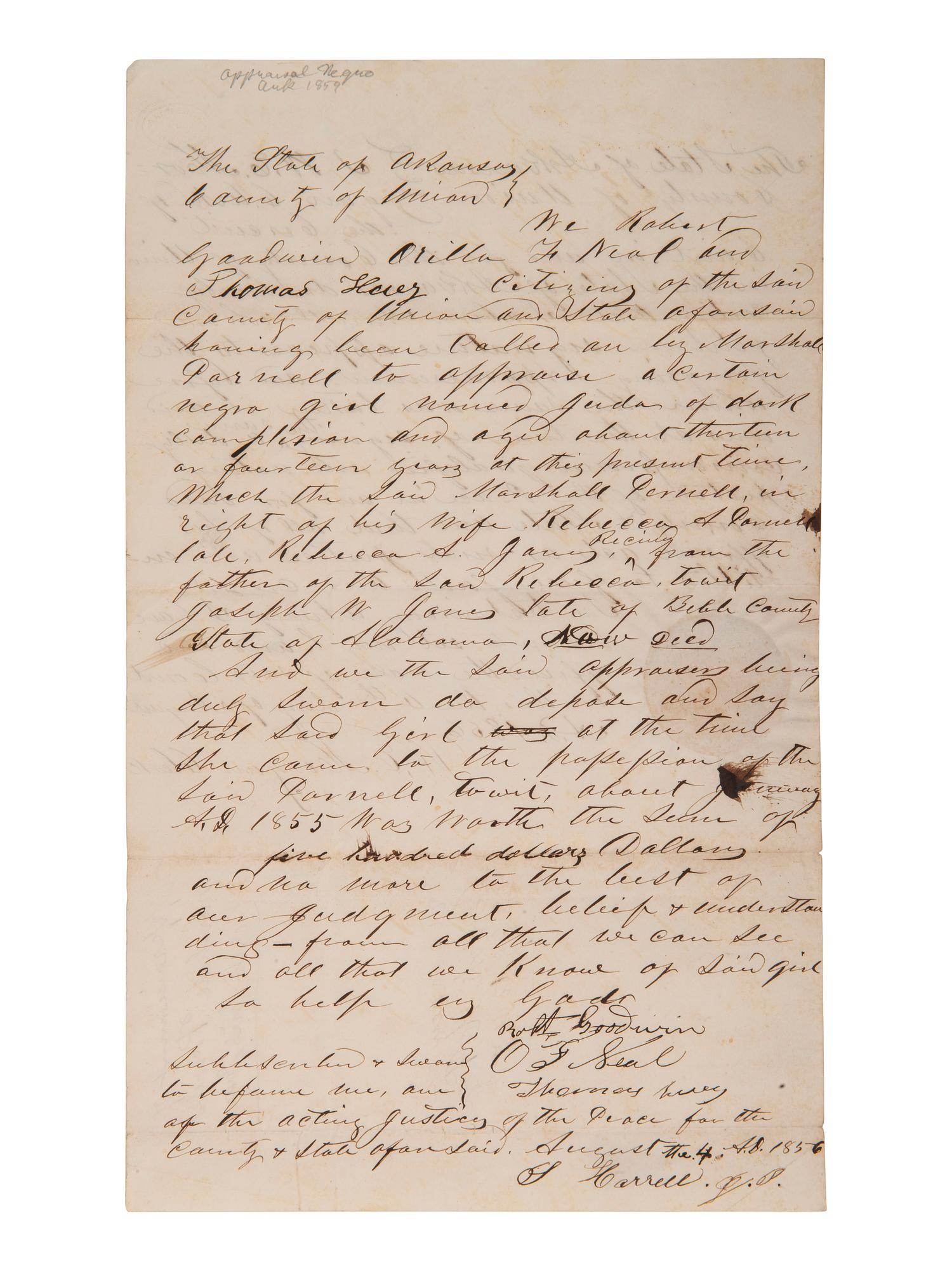 [ENSLAVEMENT]. Manuscript appraisal of an enslaved girl named Juda. Union Co., AR, 1856.