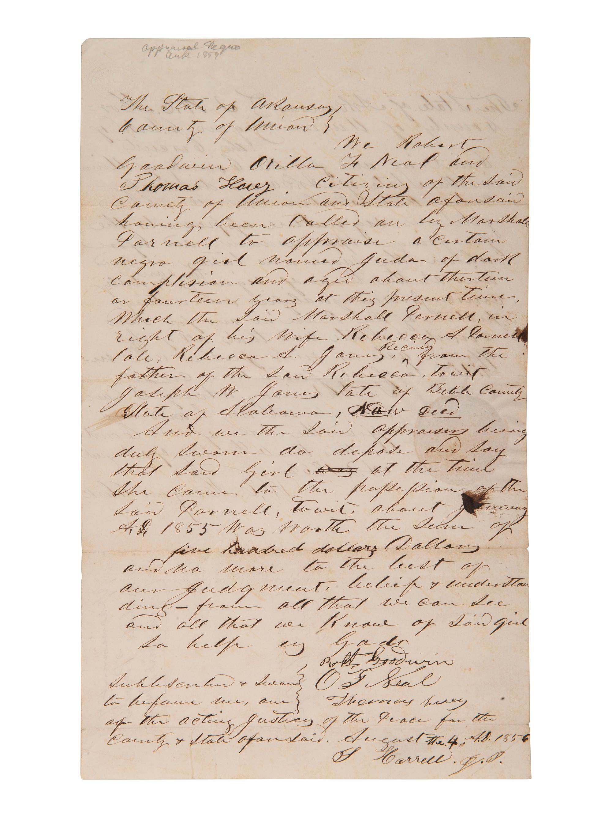 [ENSLAVEMENT]. Manuscript appraisal of an enslaved girl named Juda. Union Co., AR, 1856.