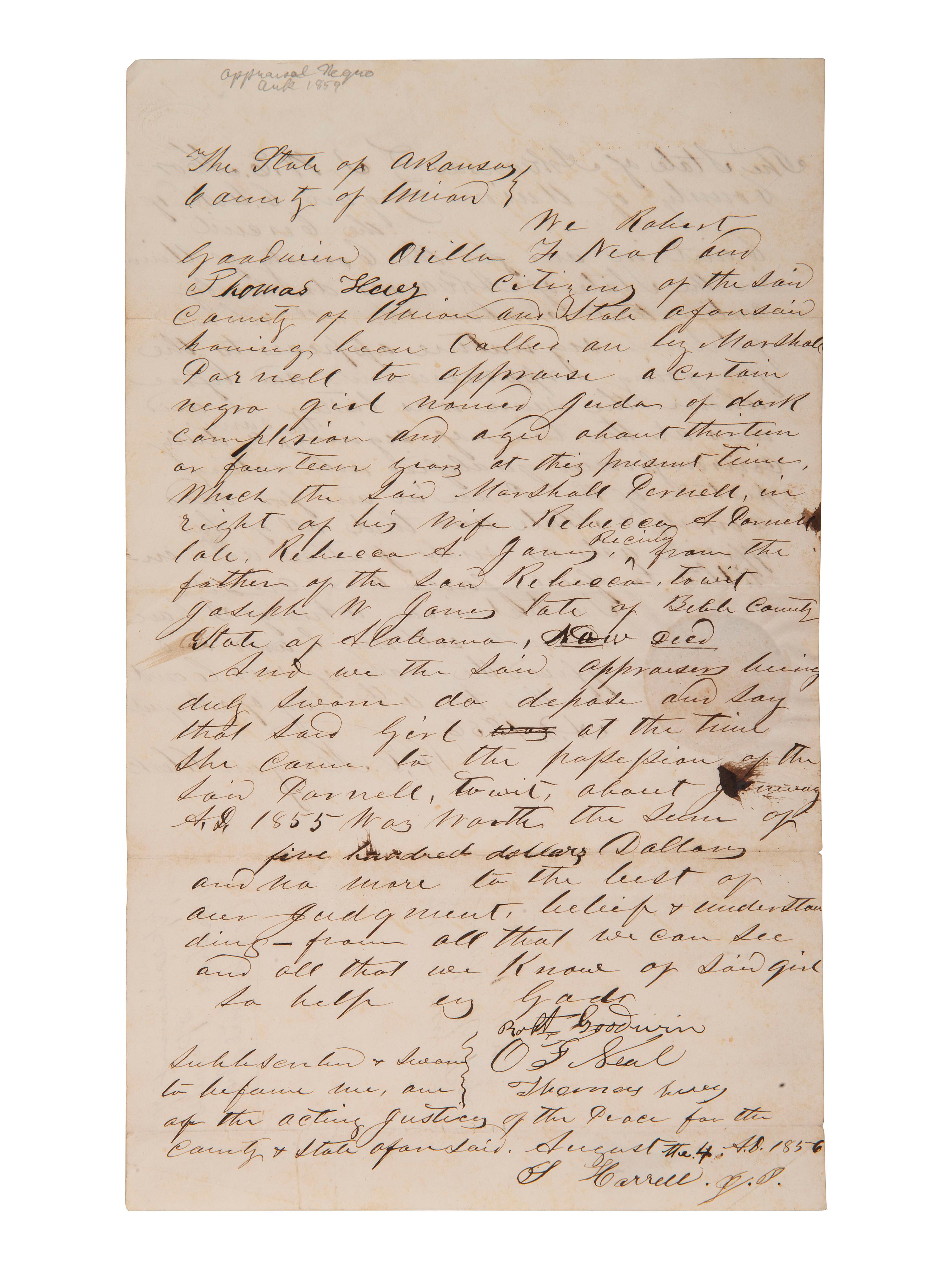 [ENSLAVEMENT]. Manuscript appraisal of an enslaved girl named Juda. Union Co., AR, 1856.