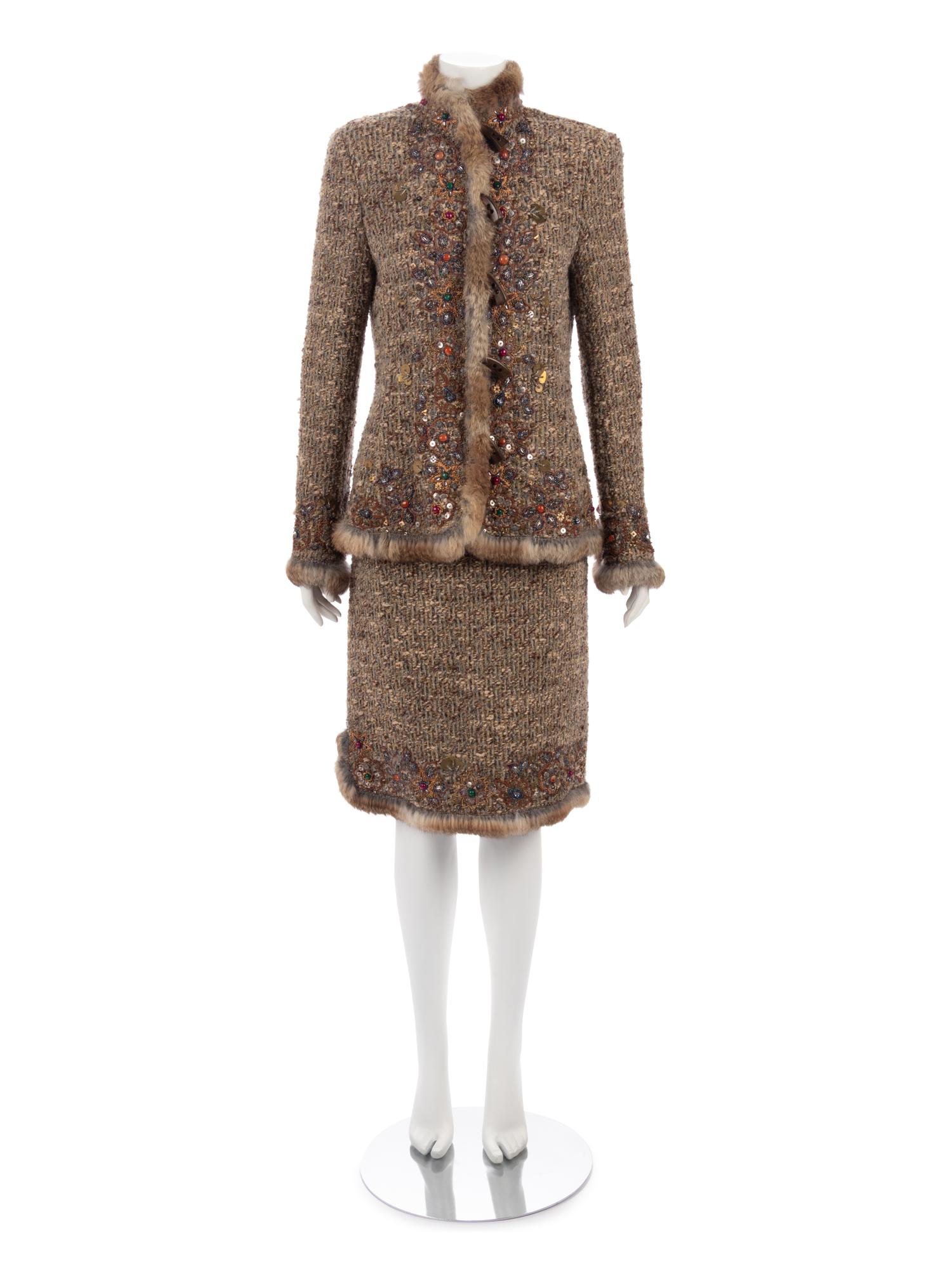 Oscar de la Renta Embellished Two-Piece Skirt Ensemble Trimmed with Rabbit Fur