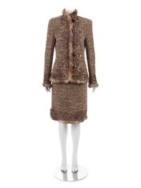 Oscar de la Renta Embellished Two-Piece Skirt Ensemble Trimmed with Rabbit Fur