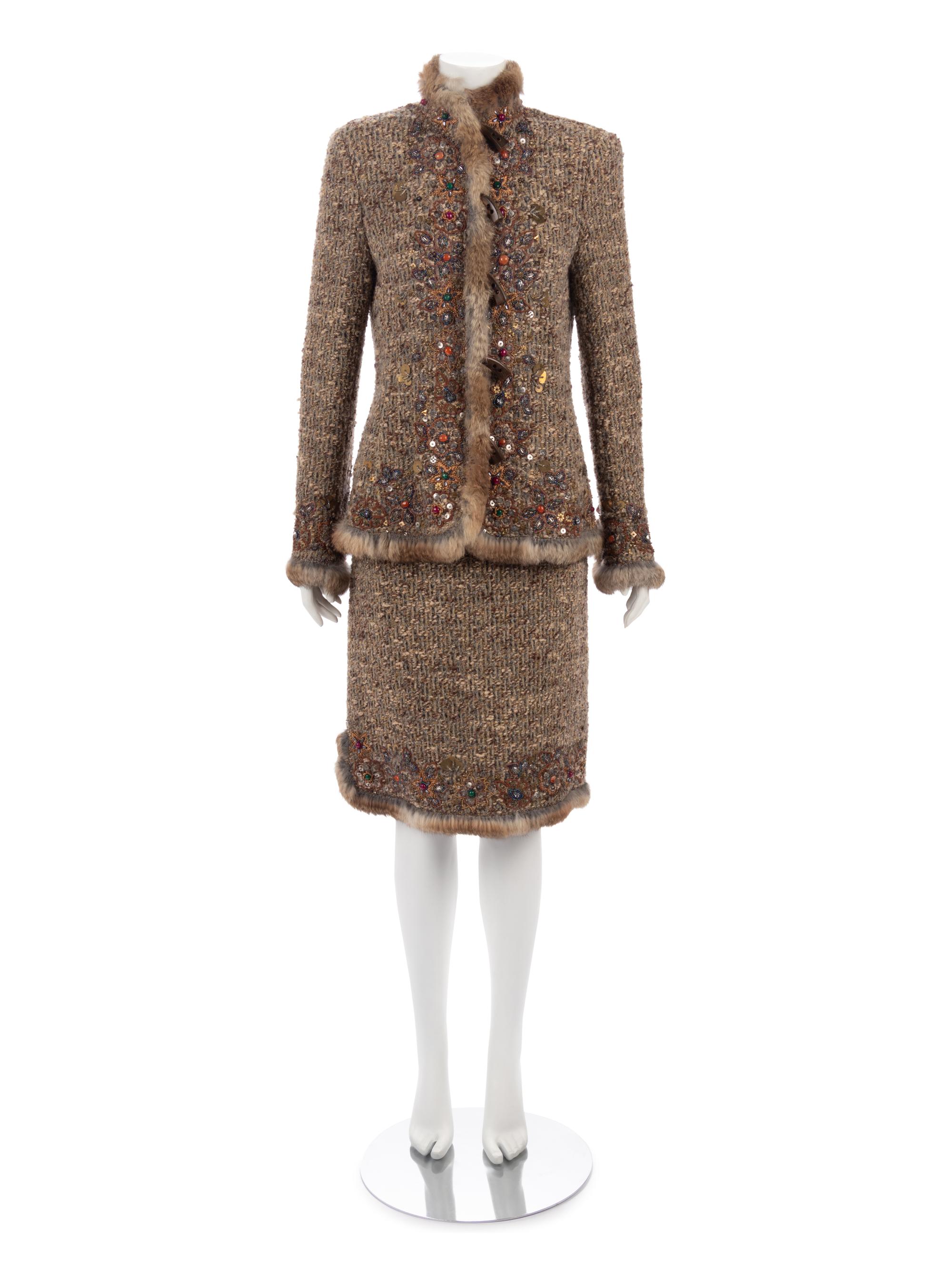 Oscar de la Renta Embellished Two-Piece Skirt Ensemble Trimmed with Rabbit Fur