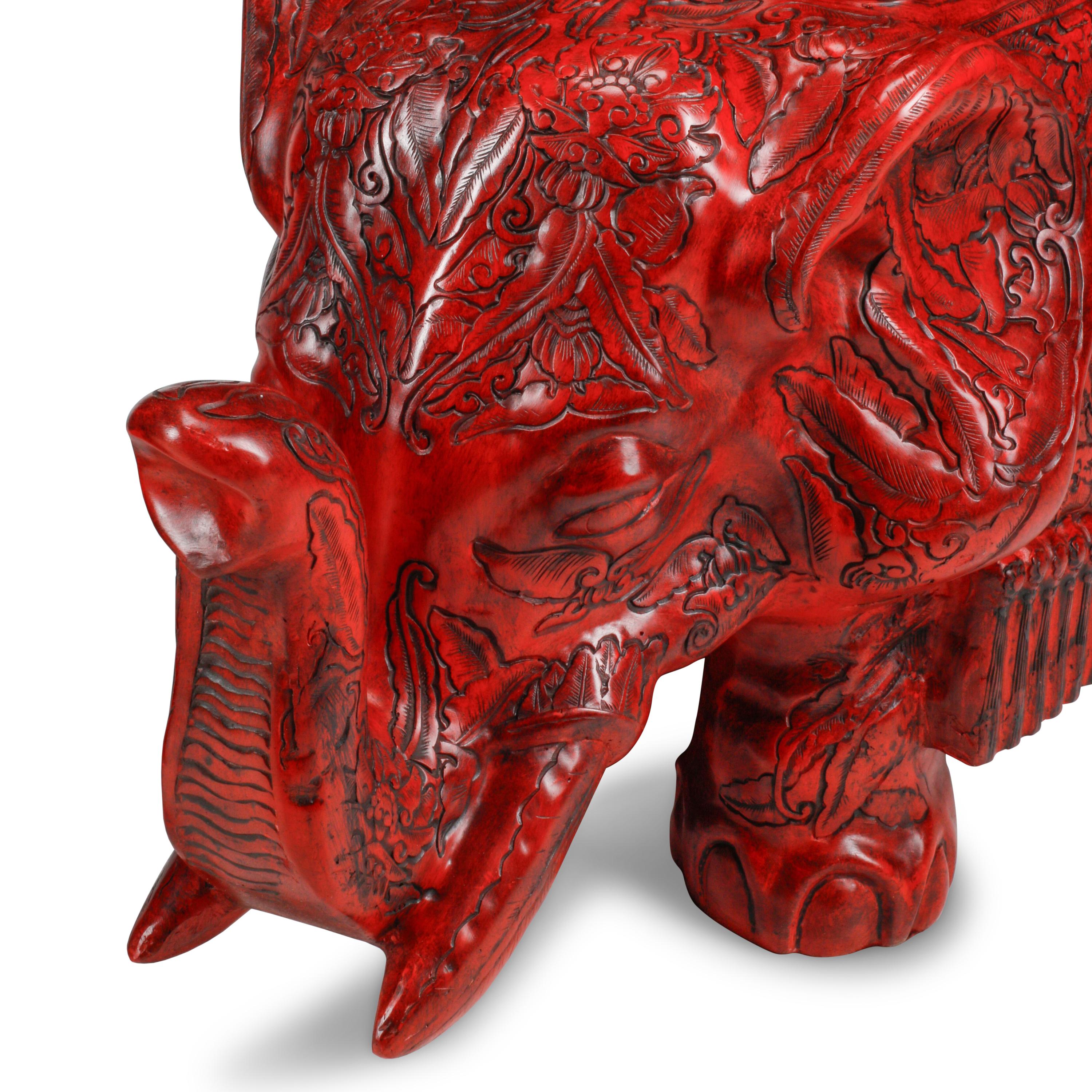 A Pair of Chinese Carved Red Lacquer Elephant Stools