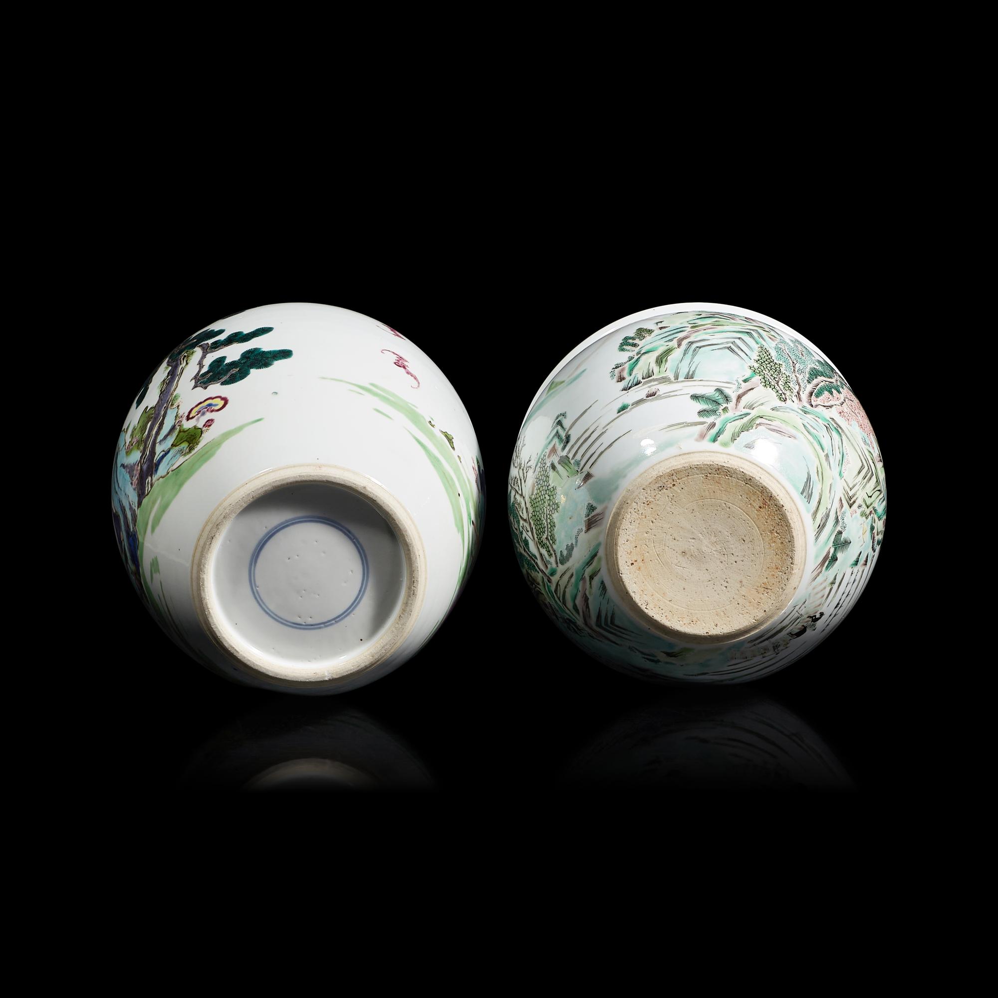 Two Chinese Famille Verte Porcelain Vessels, 20th Century 近代 五彩人物图罐及山水图卷缸各一