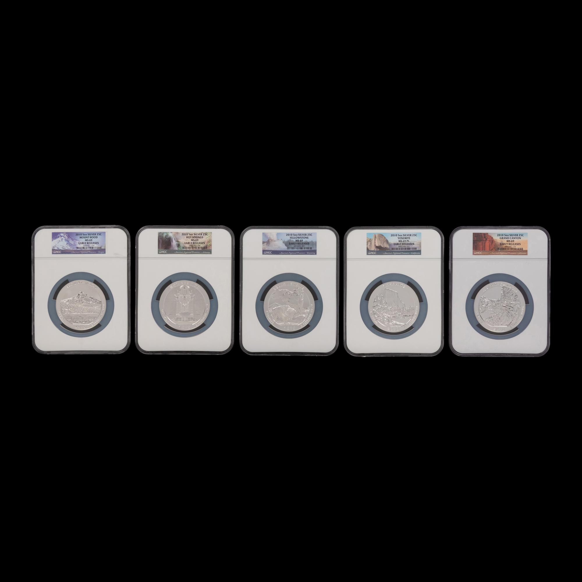 A Group of Five 2010 America the Beautiful-Early Releases Commemorative 5 oz. Silver Rounds [NGC MS69]