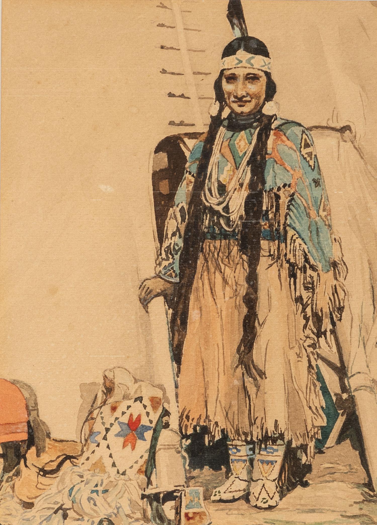 Watercolor Triptych of Plains Indians, signed Menete