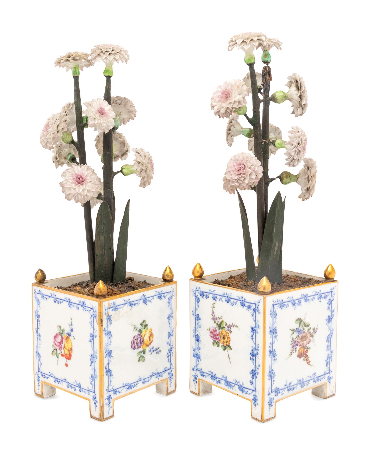 A Pair of Vincennes Gilt-Metal Mounted Porcelain Orange Tubs ( Caisses à Fleurs Carr é es, 2ème Grandeur ) Fitted with Porcelain Flowers on Papier- Mâché Stems