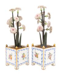 A Pair of Vincennes Gilt-Metal Mounted Porcelain Orange Tubs ( Caisses à Fleurs Carr é es, 2ème Grandeur ) Fitted with Porcelain Flowers on Papier- Mâché Stems