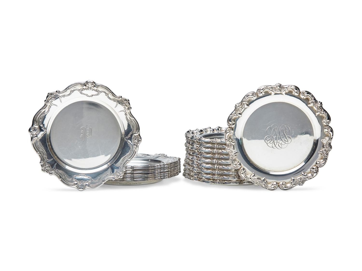 A Set of Twelve American Silver Bread Plates with 'P' Monogram