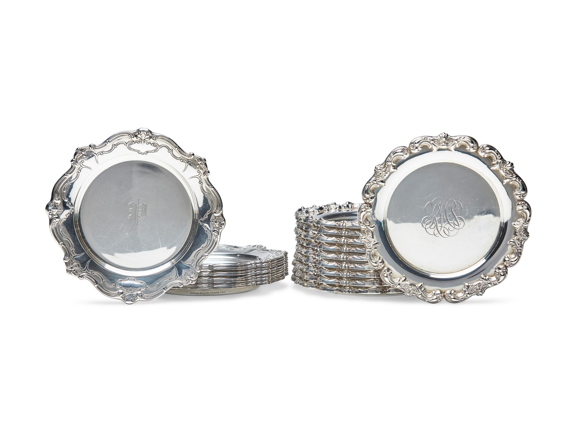 A Set of Twelve American Silver Bread Plates with 'P' Monogram
