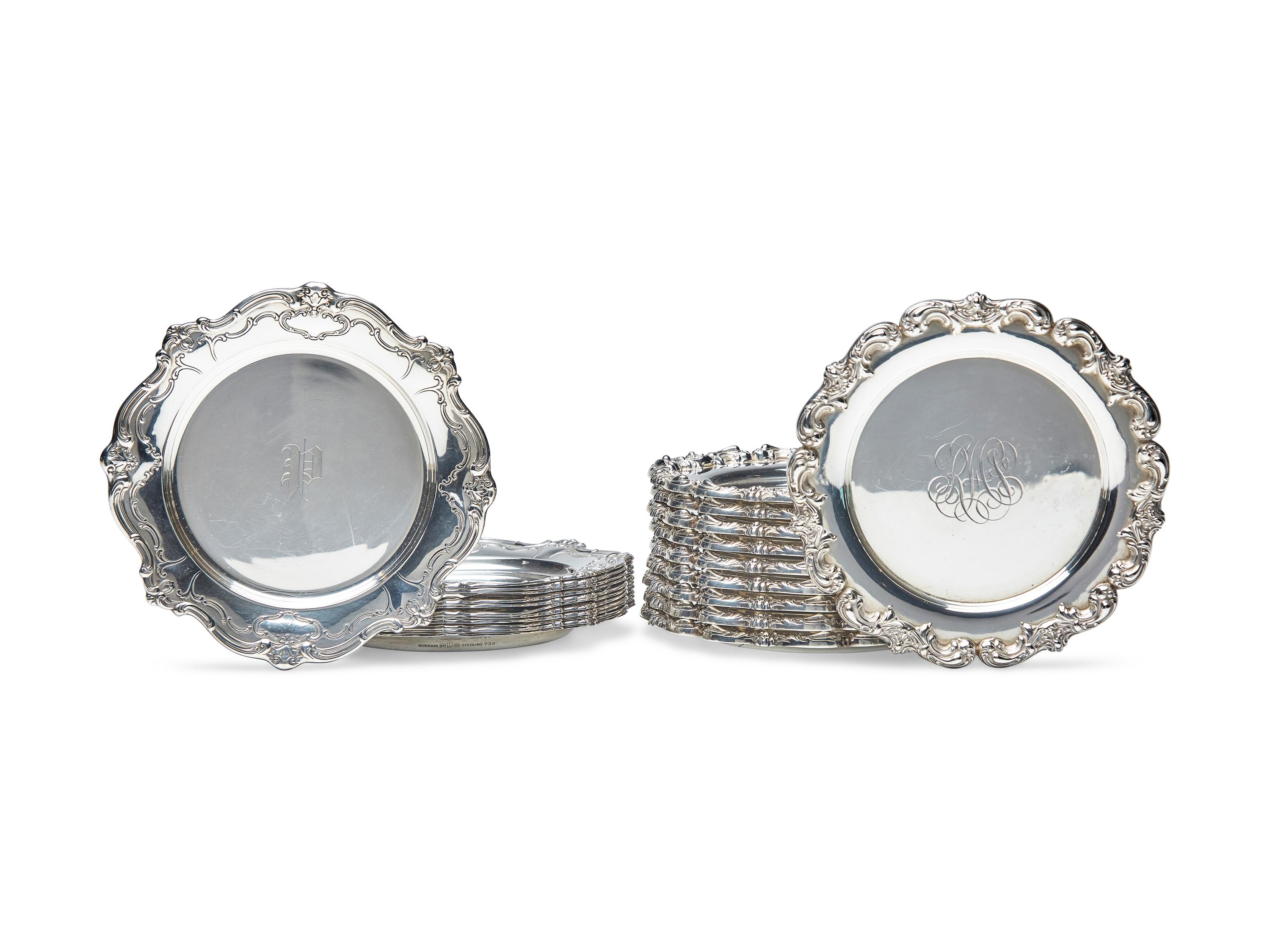 A Set of Twelve American Silver Bread Plates with 'P' Monogram