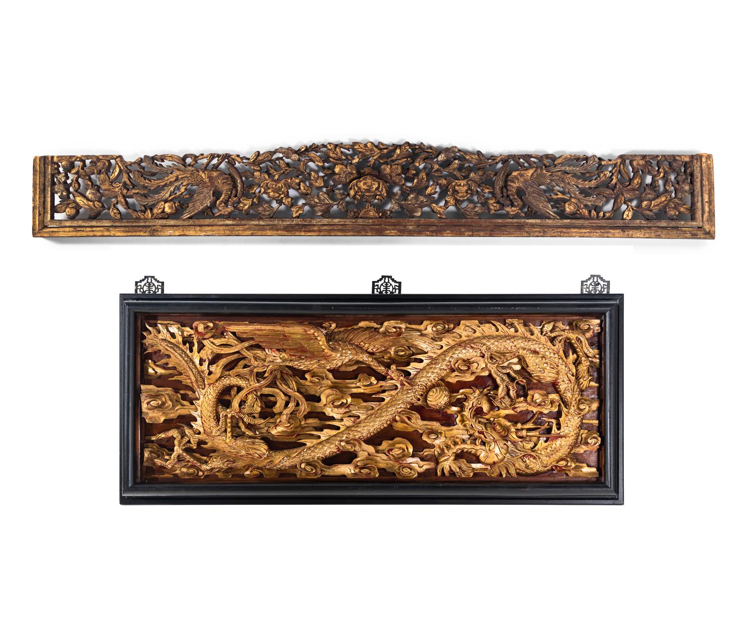 Two Chinese Gilt and Red Lacquered Wood Panels