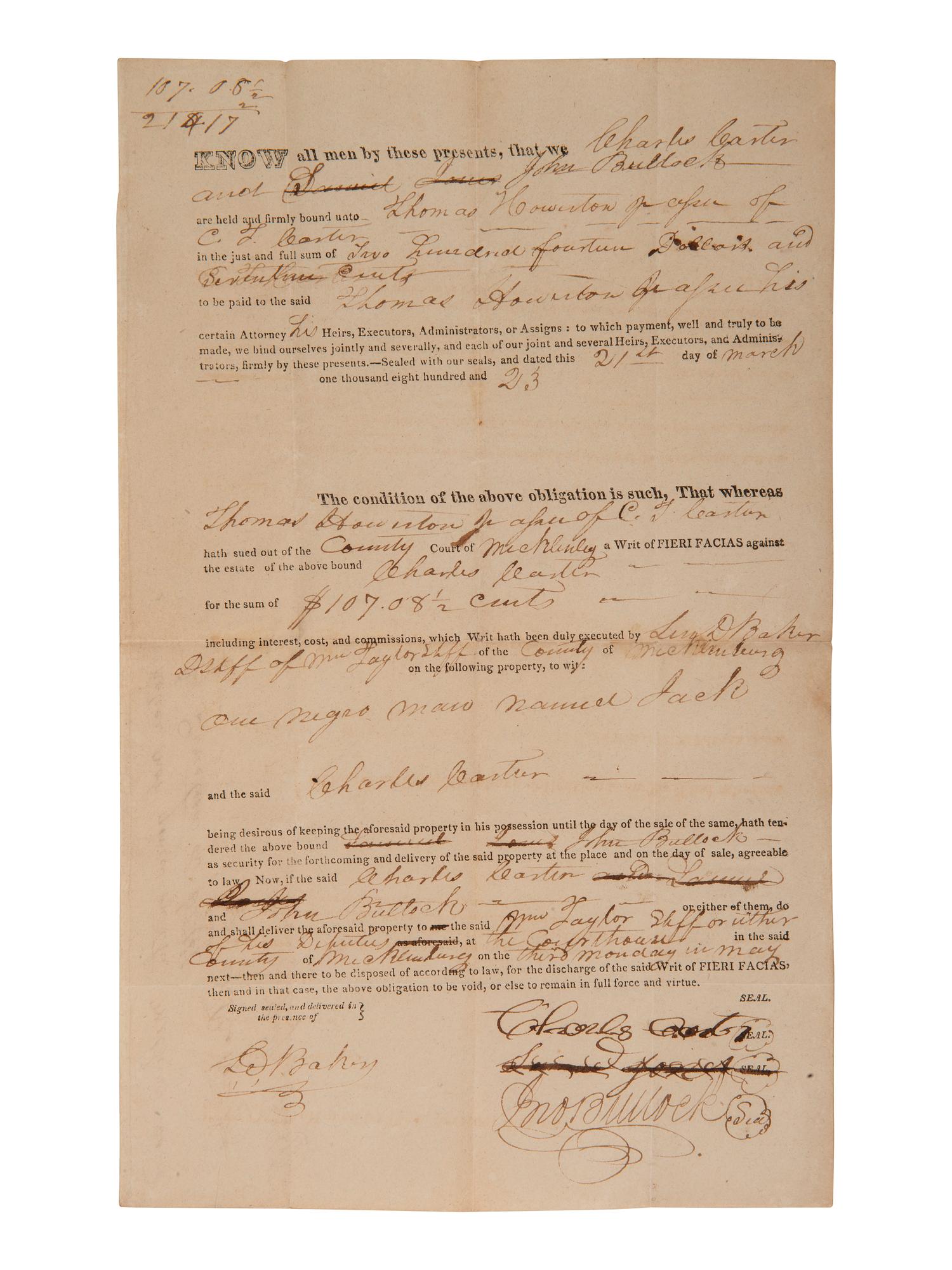 [ENSLAVEMENT]. 2 bonds placing liens on enslaved persons as property. Mecklenburg Co., [NC], 1820s.
