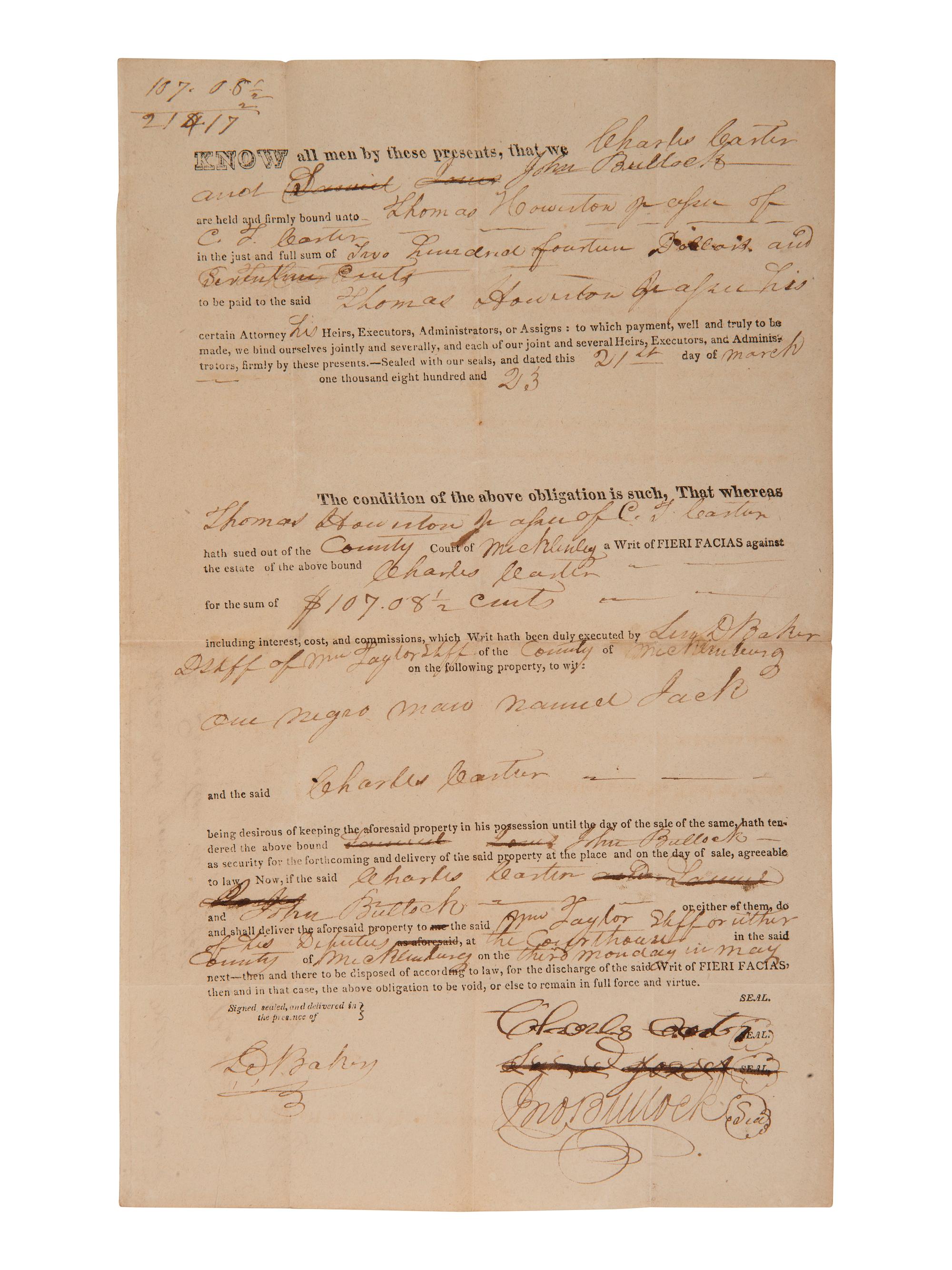 [ENSLAVEMENT]. 2 bonds placing liens on enslaved persons as property. Mecklenburg Co., [NC], 1820s.