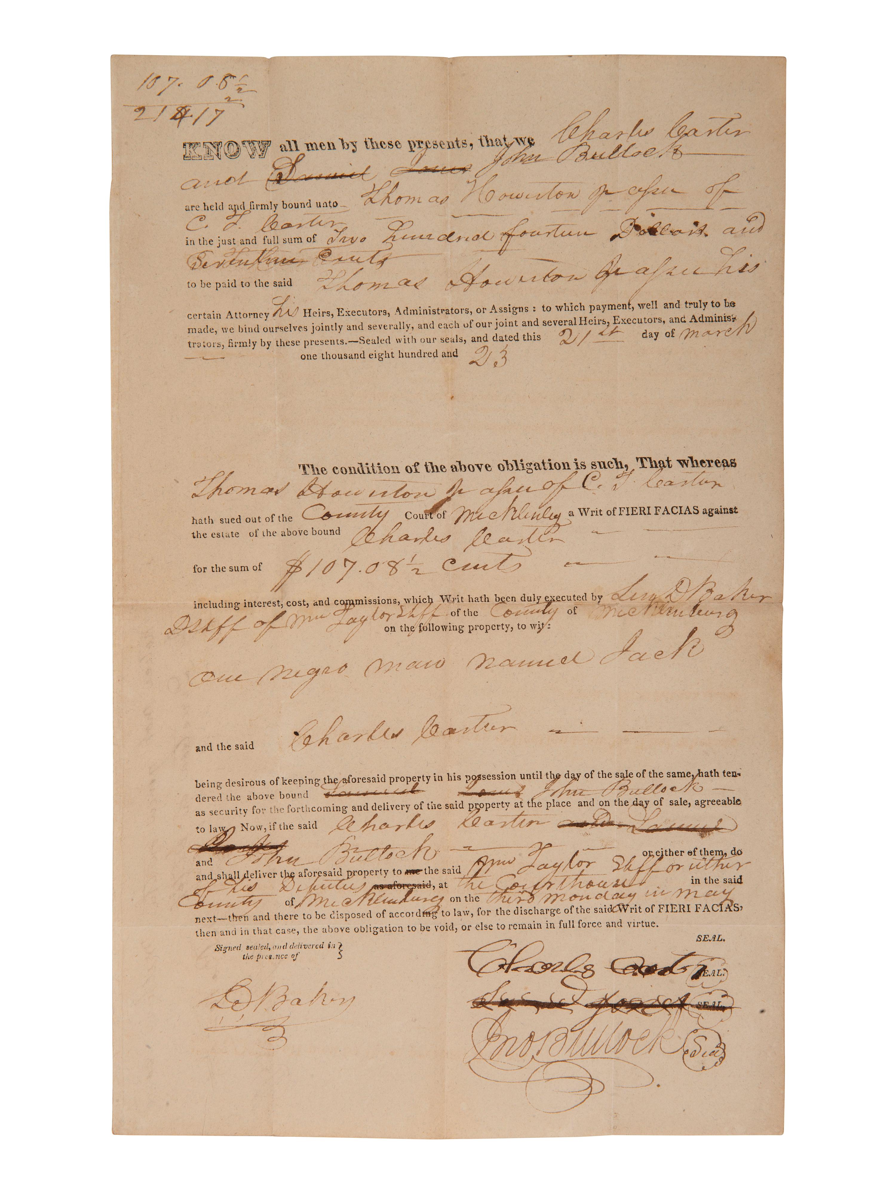 [ENSLAVEMENT]. 2 bonds placing liens on enslaved persons as property. Mecklenburg Co., [NC], 1820s.