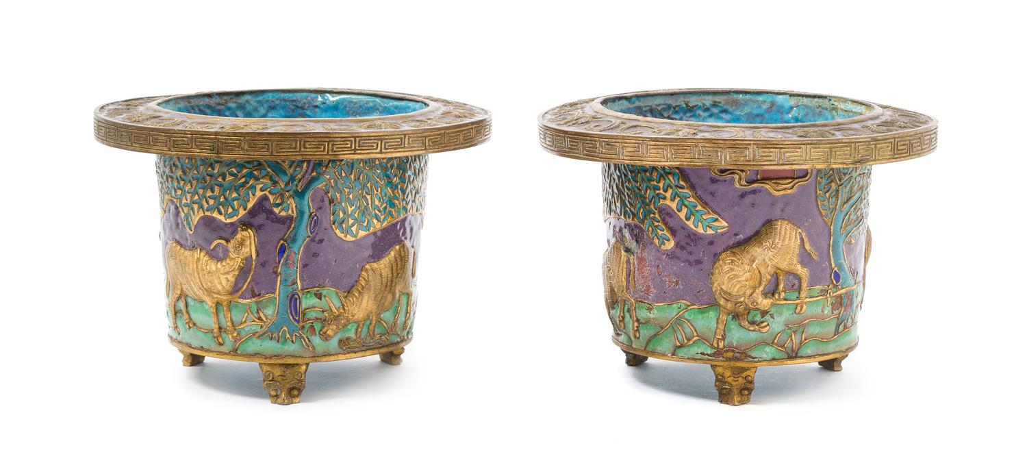 A Pair of Chinese Enameled Gilt Copper Jardinieres LATE 19TH CENTURY Height 4 1/4 inches. — LATE 19TH CENTURY
