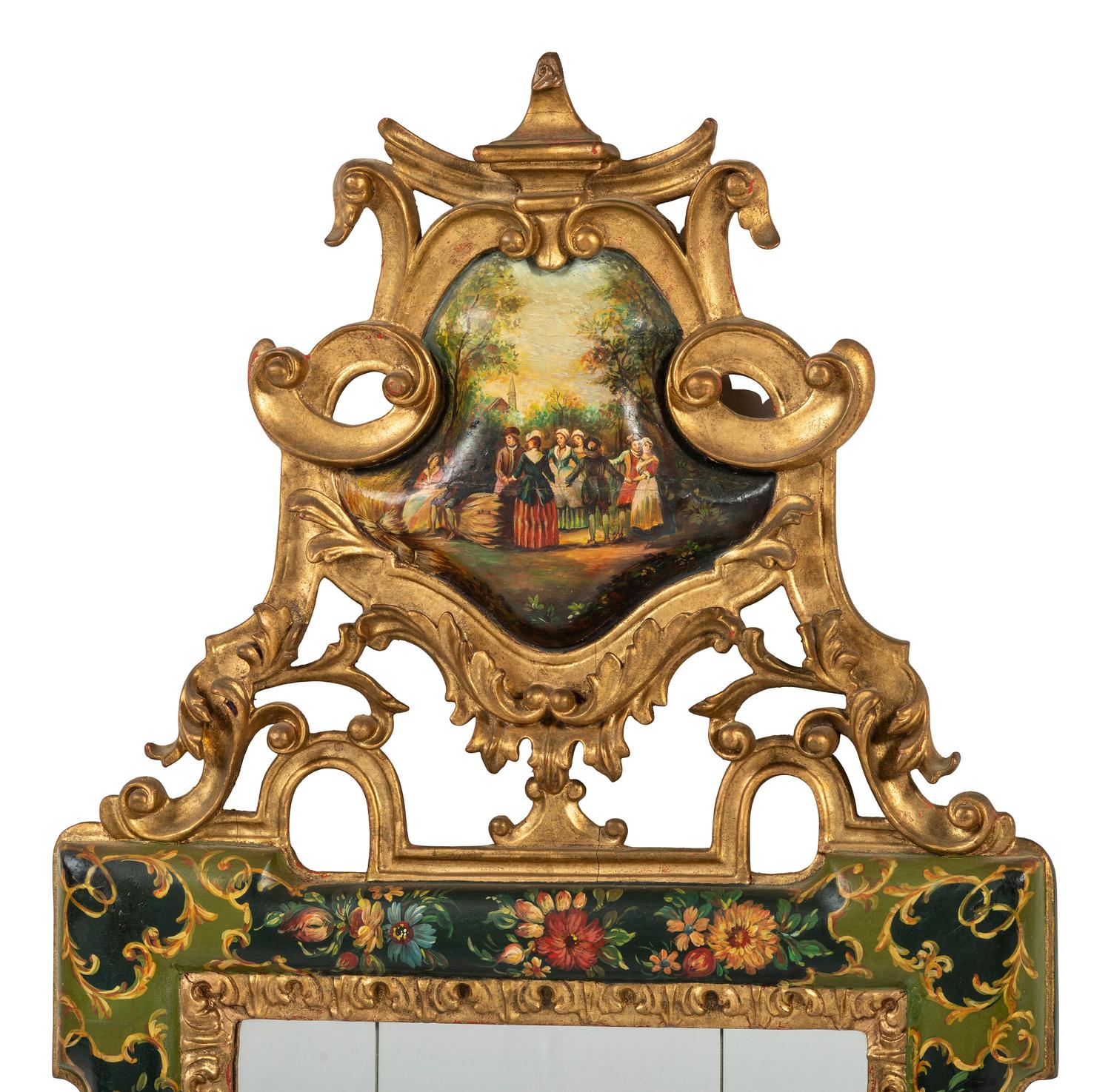 A Venetian Painted and Gilt Mirror with Courtship Scene