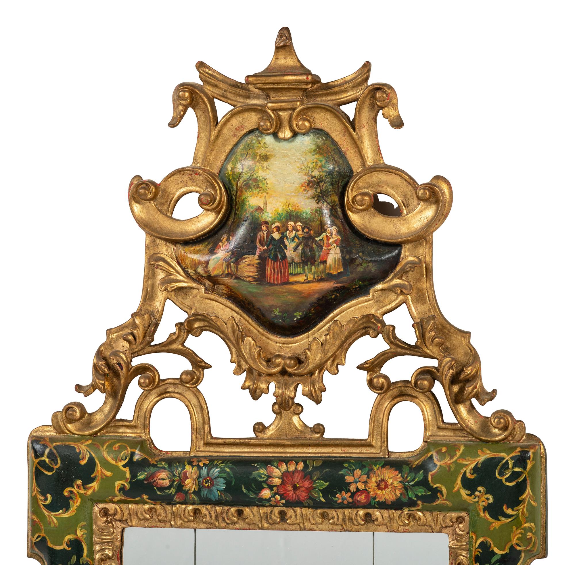 A Venetian Painted and Gilt Mirror with Courtship Scene