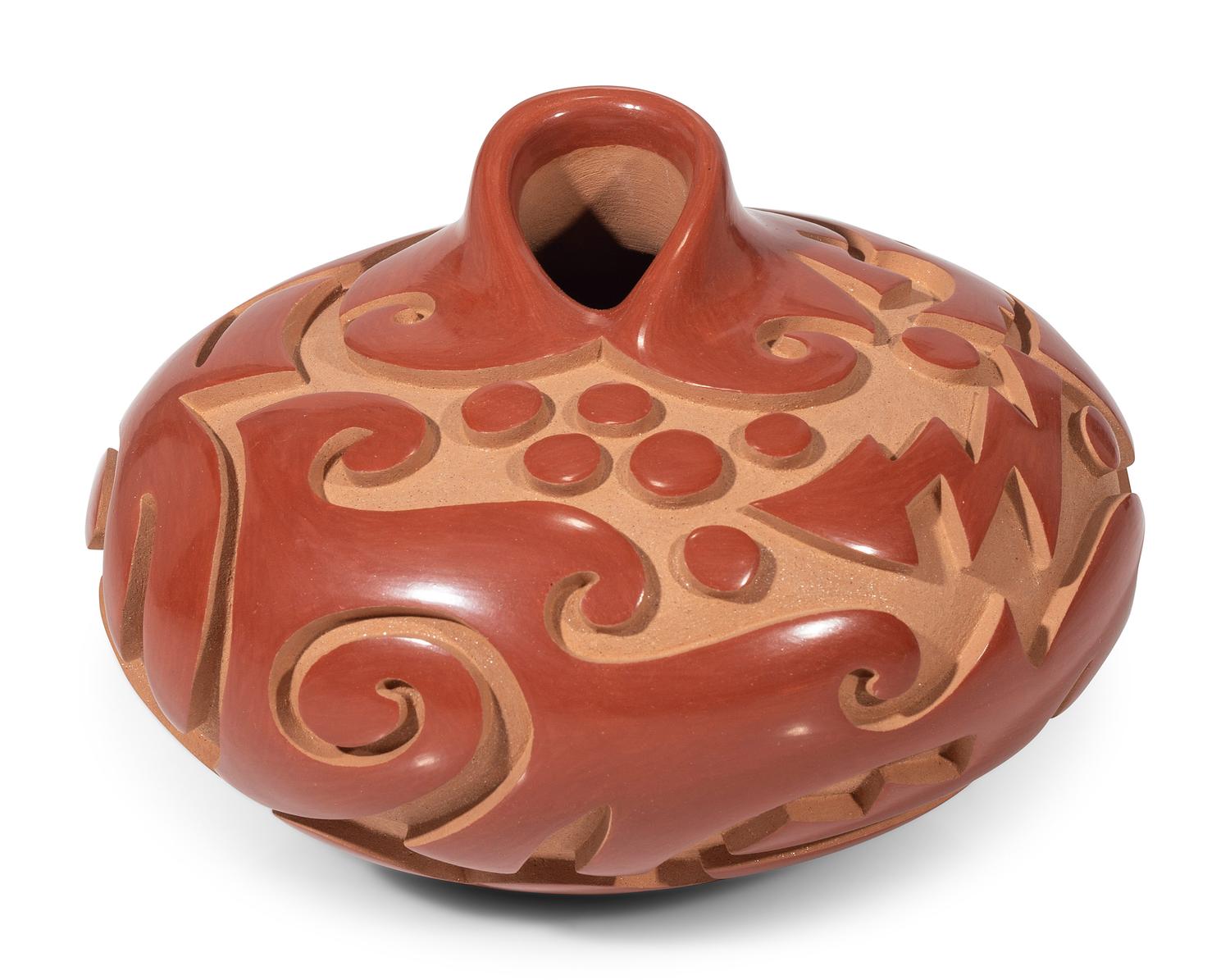 Red and Tan Carved Pottery Vase, with Avanyu