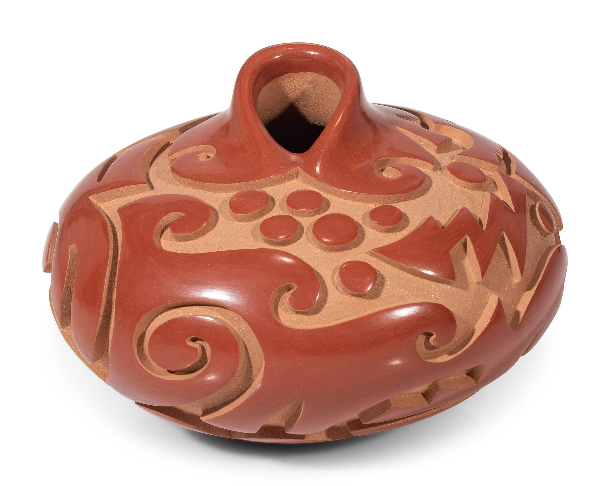 Red and Tan Carved Pottery Vase, with Avanyu
