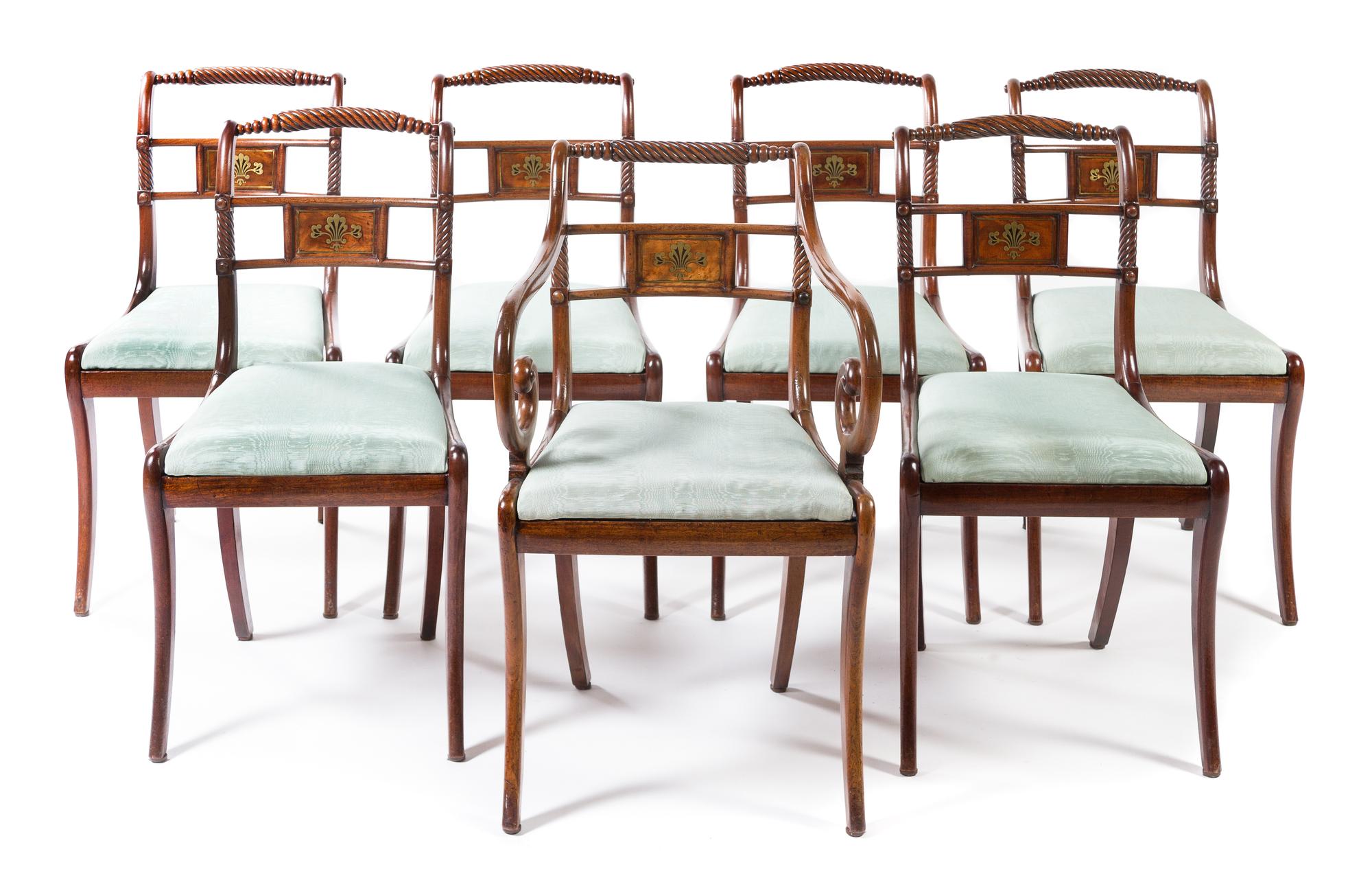 A Set of Seven Regency Brass Inlaid Mahogany Dining Chairs Height 33 1/2 inches. — CIRCA 1815