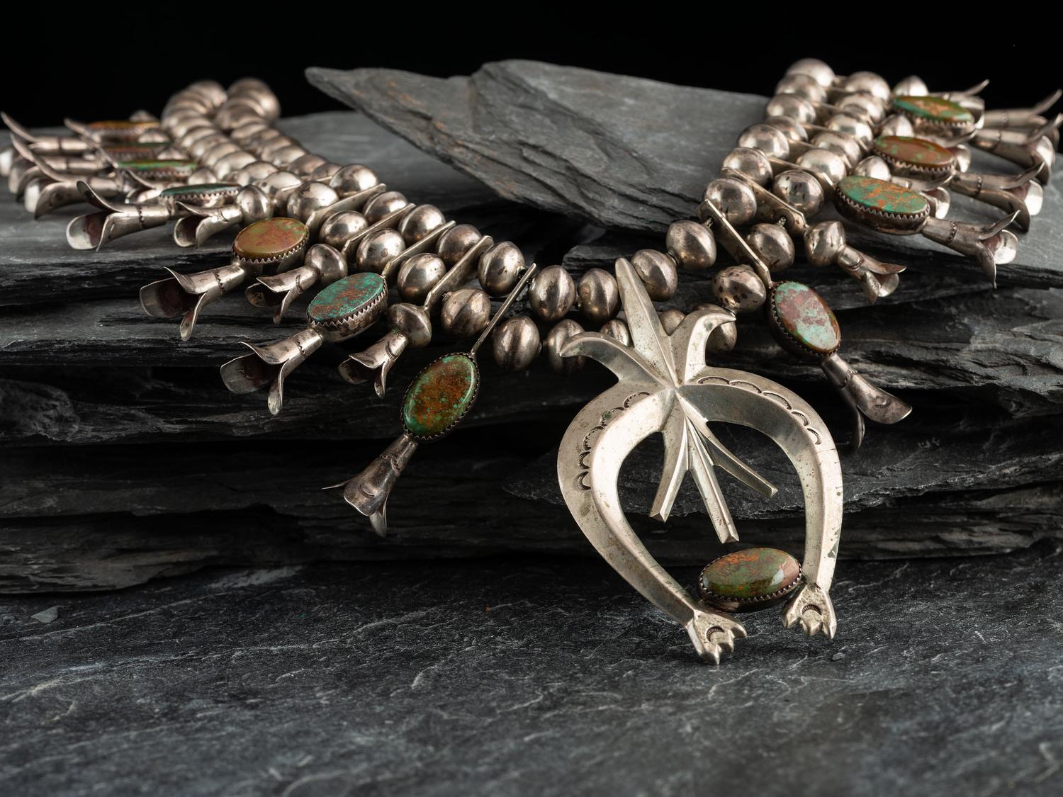 Navajo Sterling Silver and Royston Turquoise Squash Blossom Necklace
