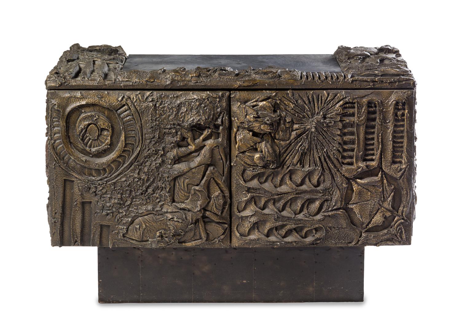 A Paul Evans Sculpted Bronze Cabinet Height 34 x depth 48 x width 21 inches.