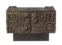 A Paul Evans Sculpted Bronze Cabinet Height 34 x depth 48 x width 21 inches.