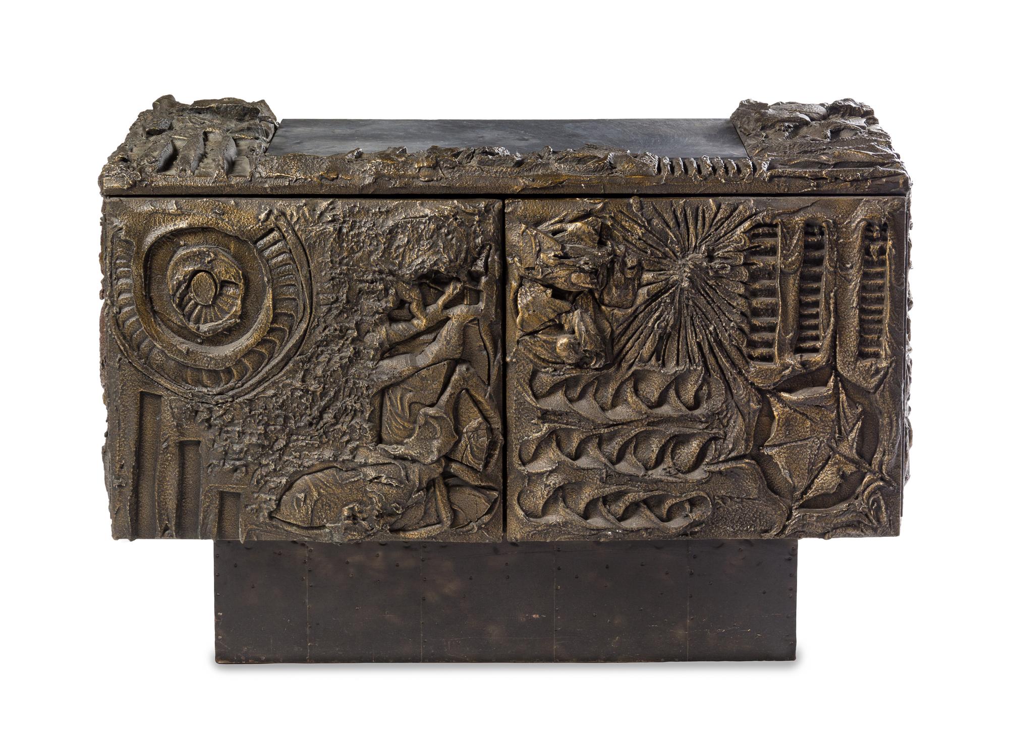 A Paul Evans Sculpted Bronze Cabinet Height 34 x depth 48 x width 21 inches.