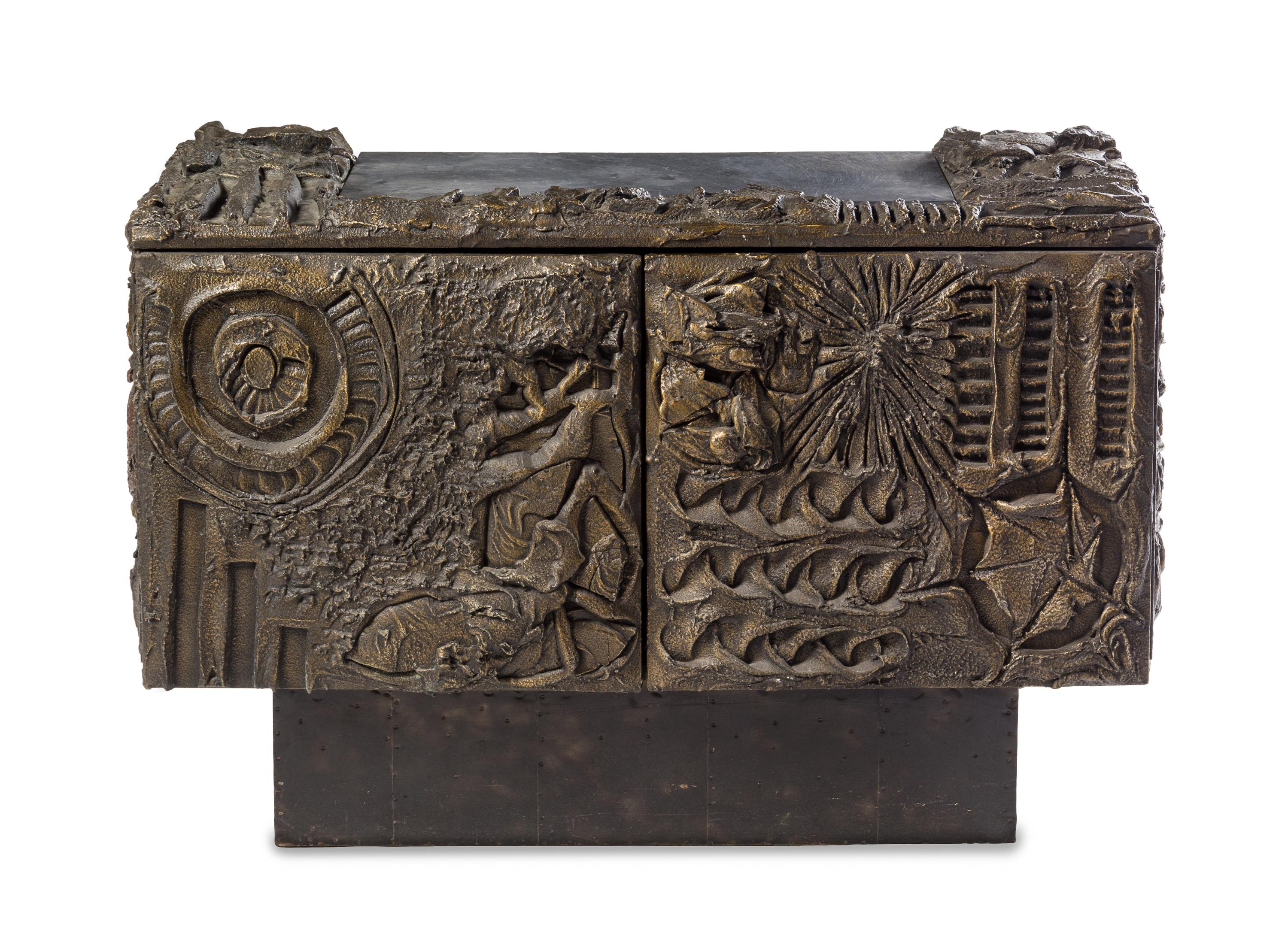 A Paul Evans Sculpted Bronze Cabinet Height 34 x depth 48 x width 21 inches.