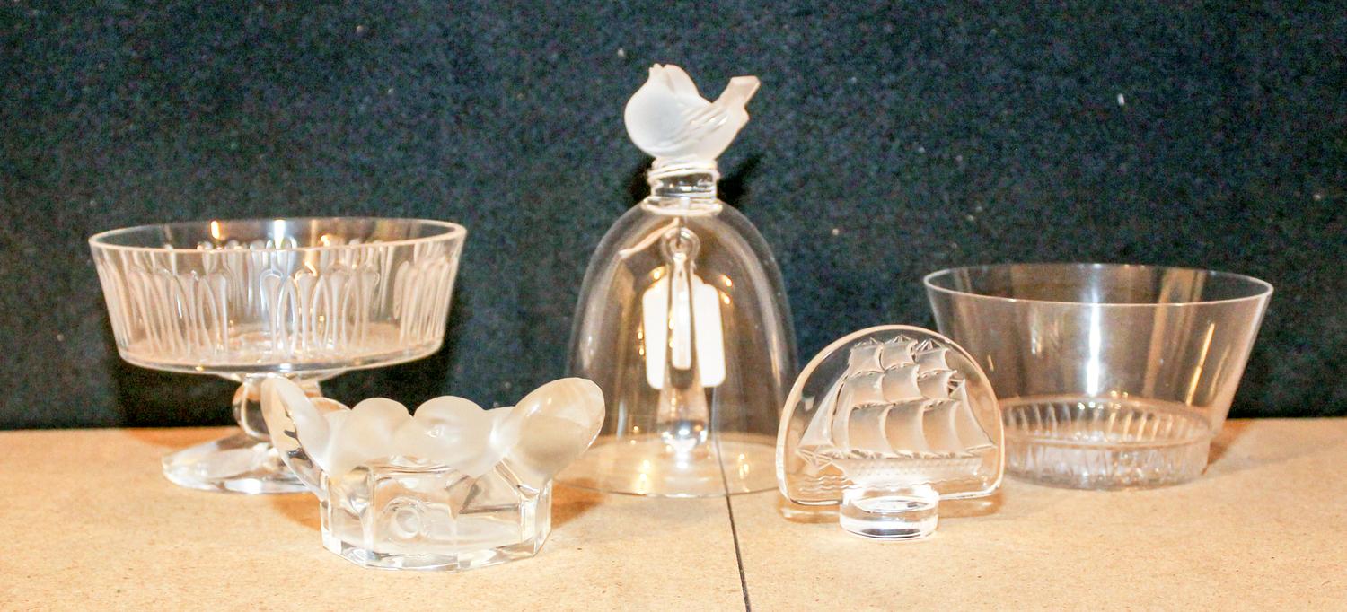 A Group of Five Lalique Frosted Glass Articles.